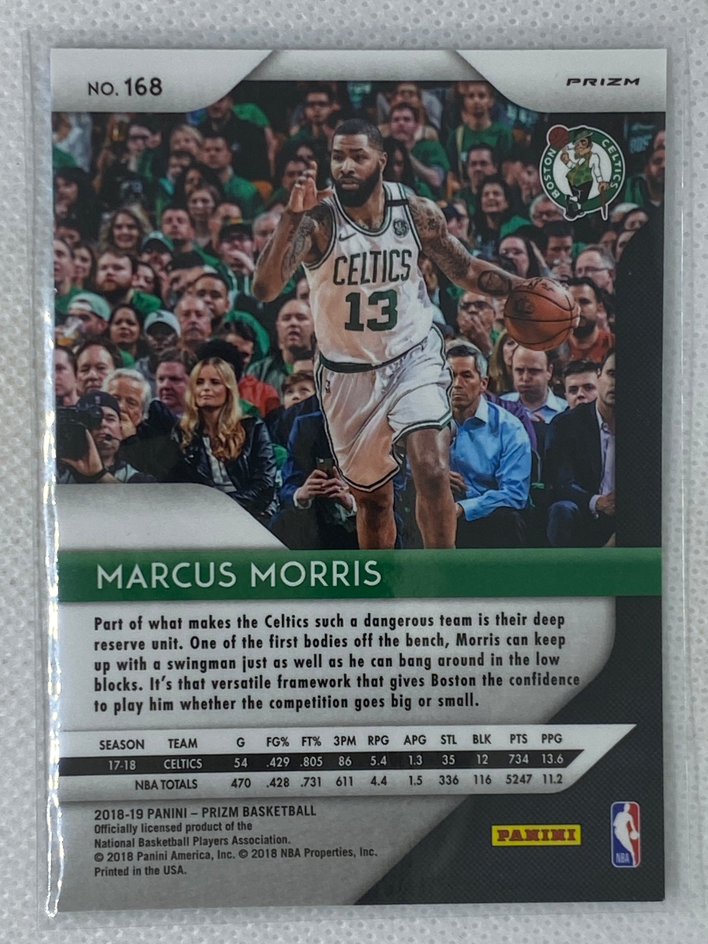 2018-19 Panini Prizm Prizms Green #168 Marcus Morris Boston Celtics