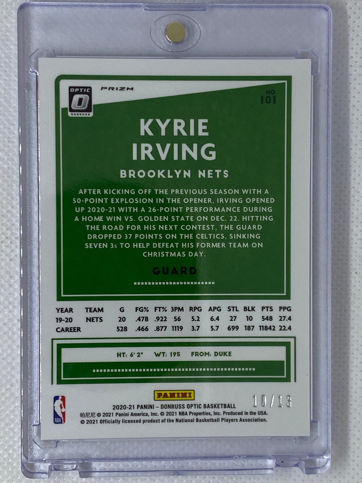 2020-21 Donruss Optic Kyrie Irving Purple Stars Prizm /13 #101 Brooklyn Nets