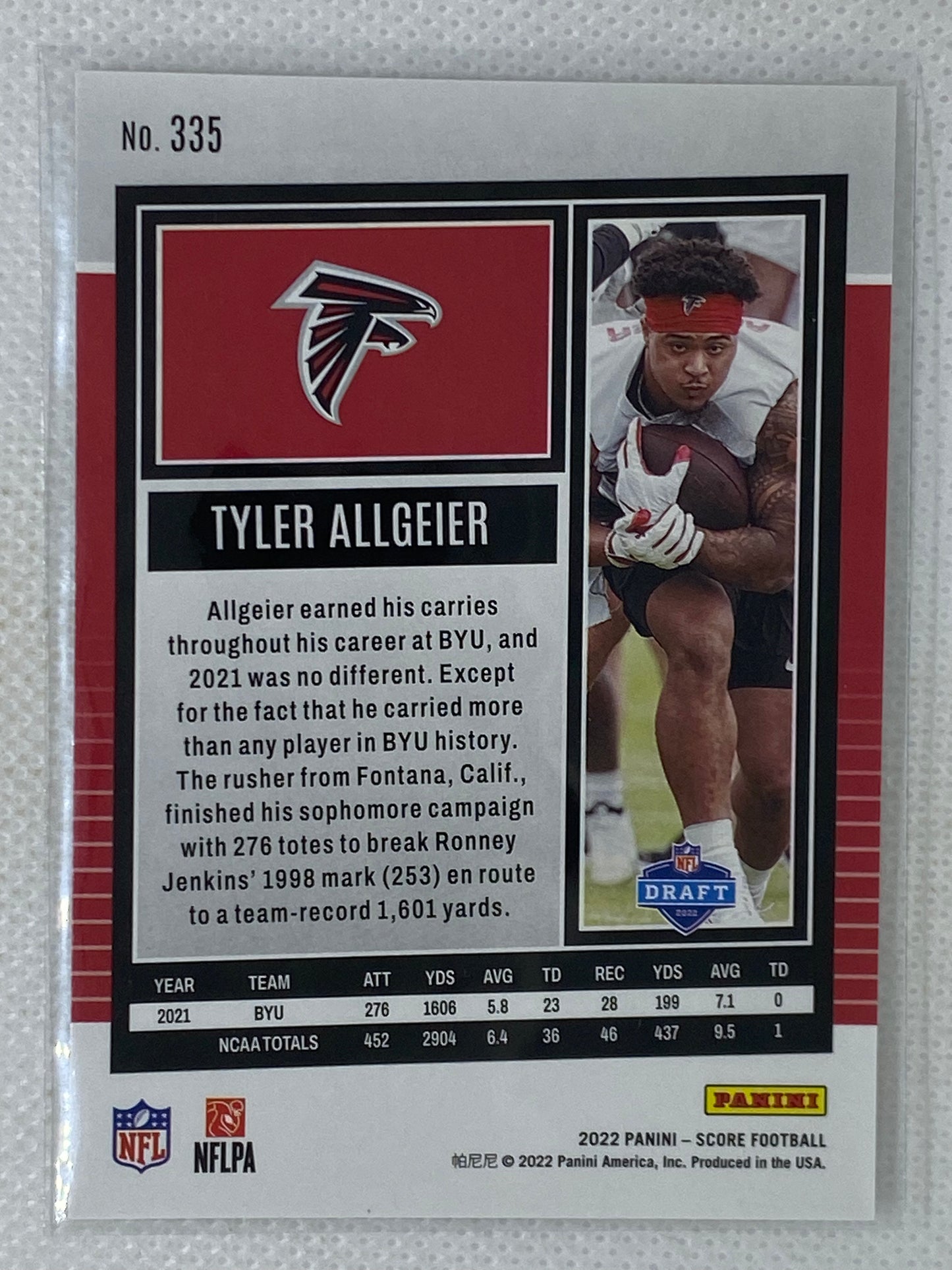 2022 Score #335 Tyler Allgeier Rookie Atlanta Falcons RC