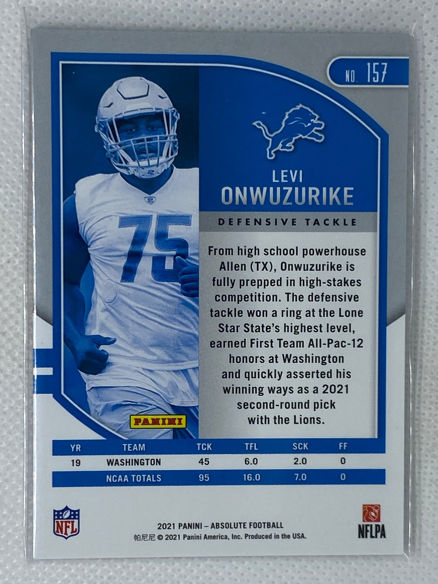 2021 Panini Absolute Rookies Spectrum Green /50 Levi Onwuzurike #157 Rookie Detroit Lions