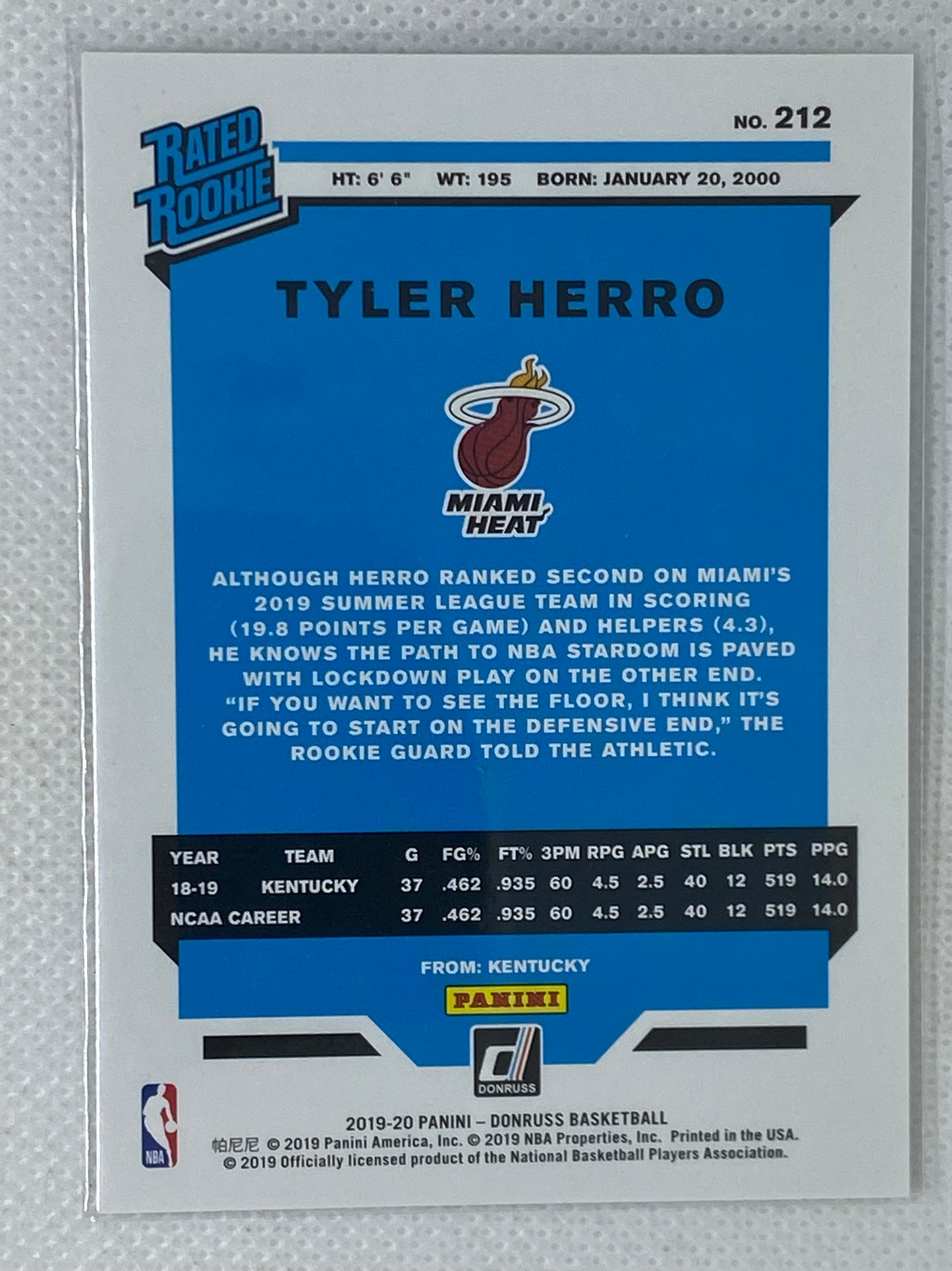 2019-20 Donruss Tyler Herro Rookie #212 Rated Rookie RC Miami Heat