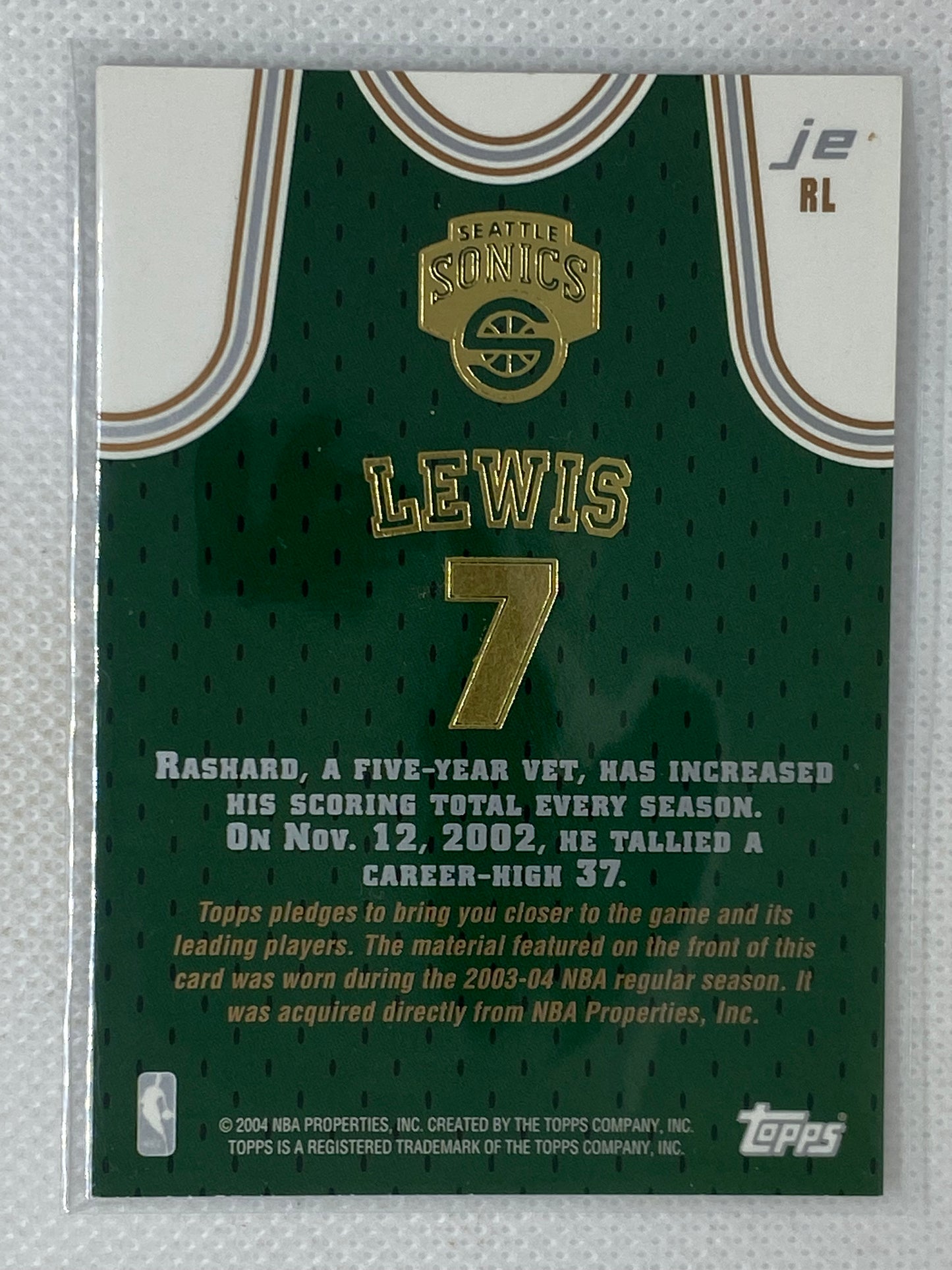 2004 Topps Game Worn Rashard Lewis JE-RL Seattle Supersonics