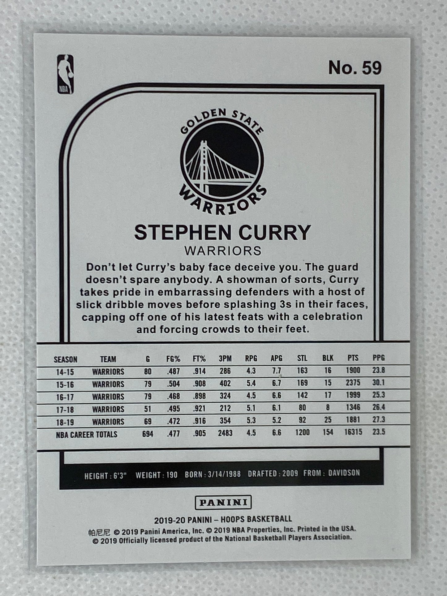 2019-20 NBA Hoops Stephen Curry Base Card Golden State Warriors #59