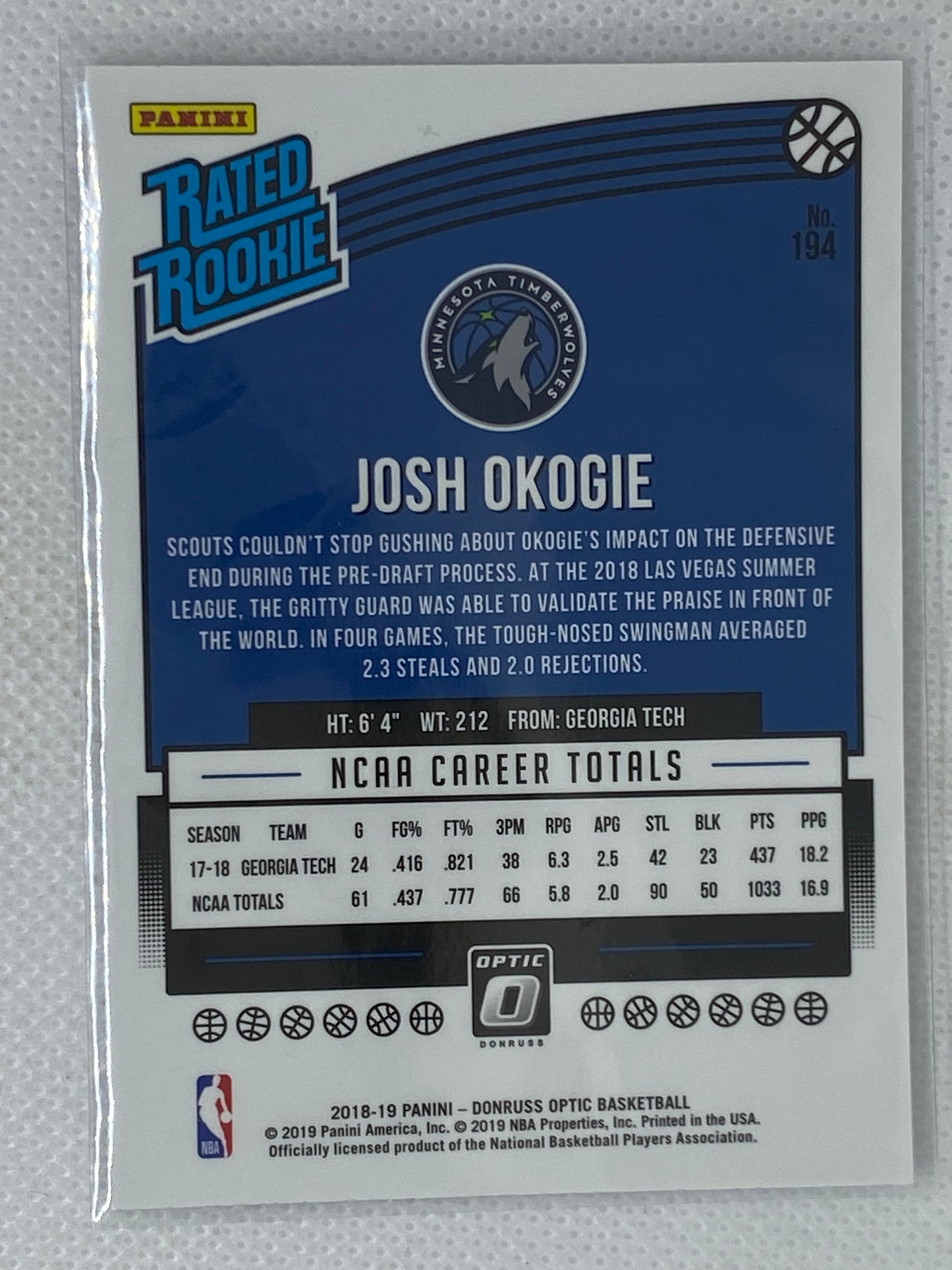 2018-19 Panini Donruss Optic Josh Okogie Rated Rookie #194 Minnesota Timberwolves