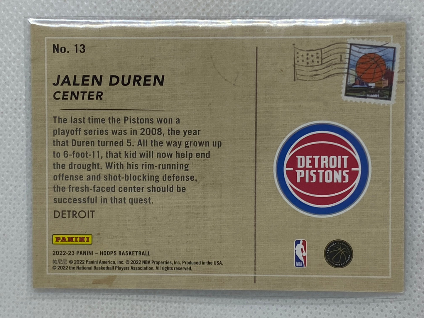 2022-23 Panini NBA Hoops Holo Foil  Rookie Greetings Jalen Duren #13 Pistons RC