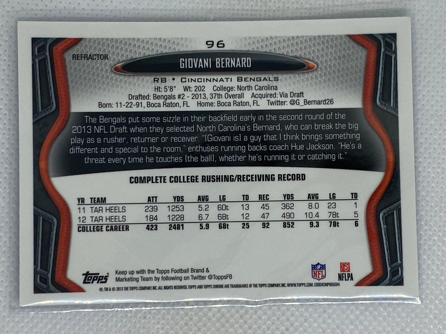 2013 Topps Chrome Blue Wave Refractor Giovani Bernard #96 Rookie Cincinnati Bengals