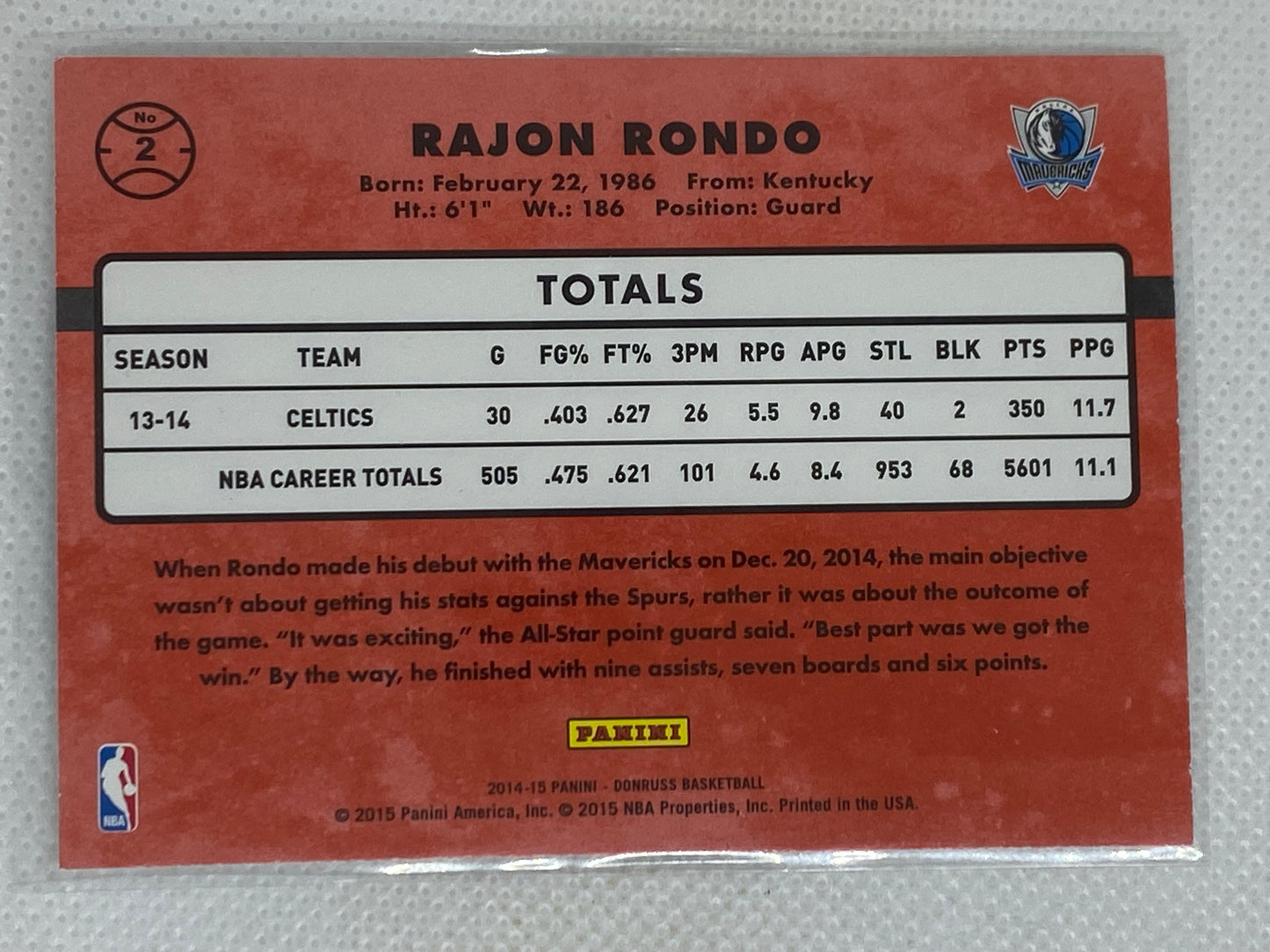 2014-15 Panini Donruss Base #2 Rajon Rondo Dallas Mavericks