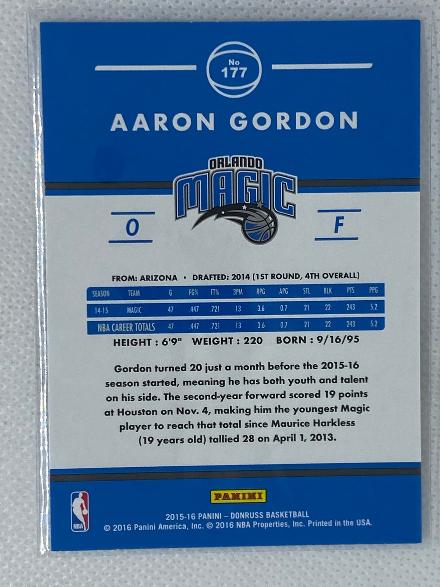 2015-16 Panini Donruss Base #177 Aaron Gordon Orlando Magic