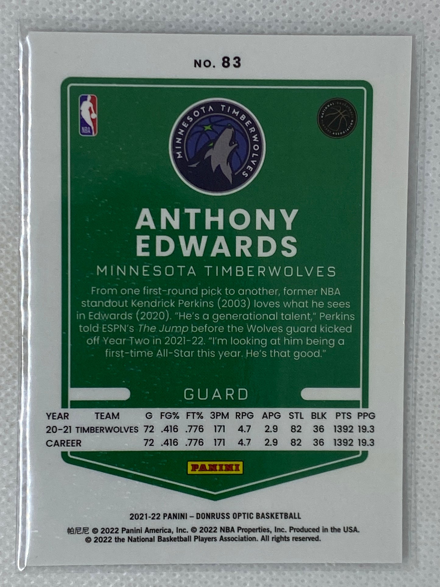 2021-22 Donruss Optic Anthony Edwards #83 Minnesota Timberwolves