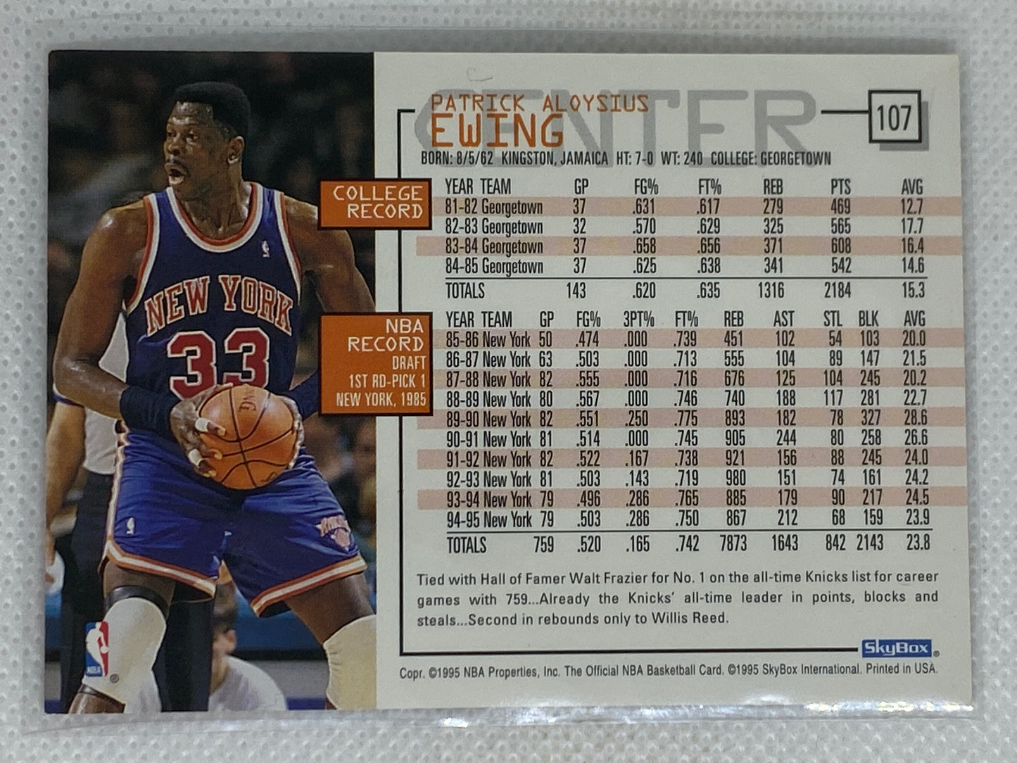 1995 NBA Hoops #107 Patrick Ewing New York Knicks Basketball Card