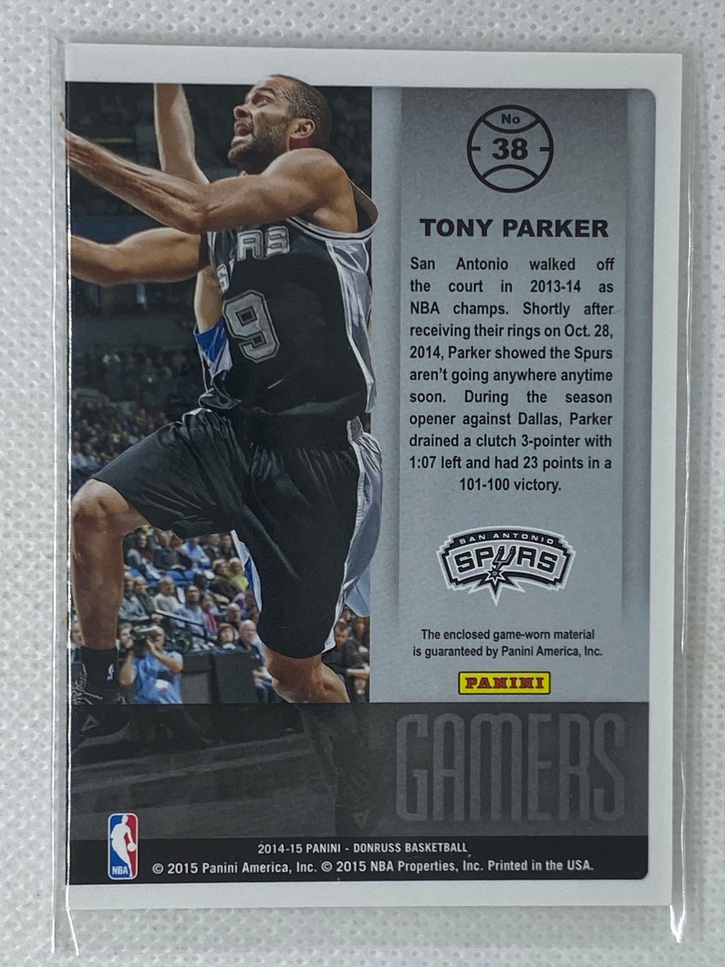 2014-15 Panini Donruss Gamers #38 Tony Parker Jersey Card