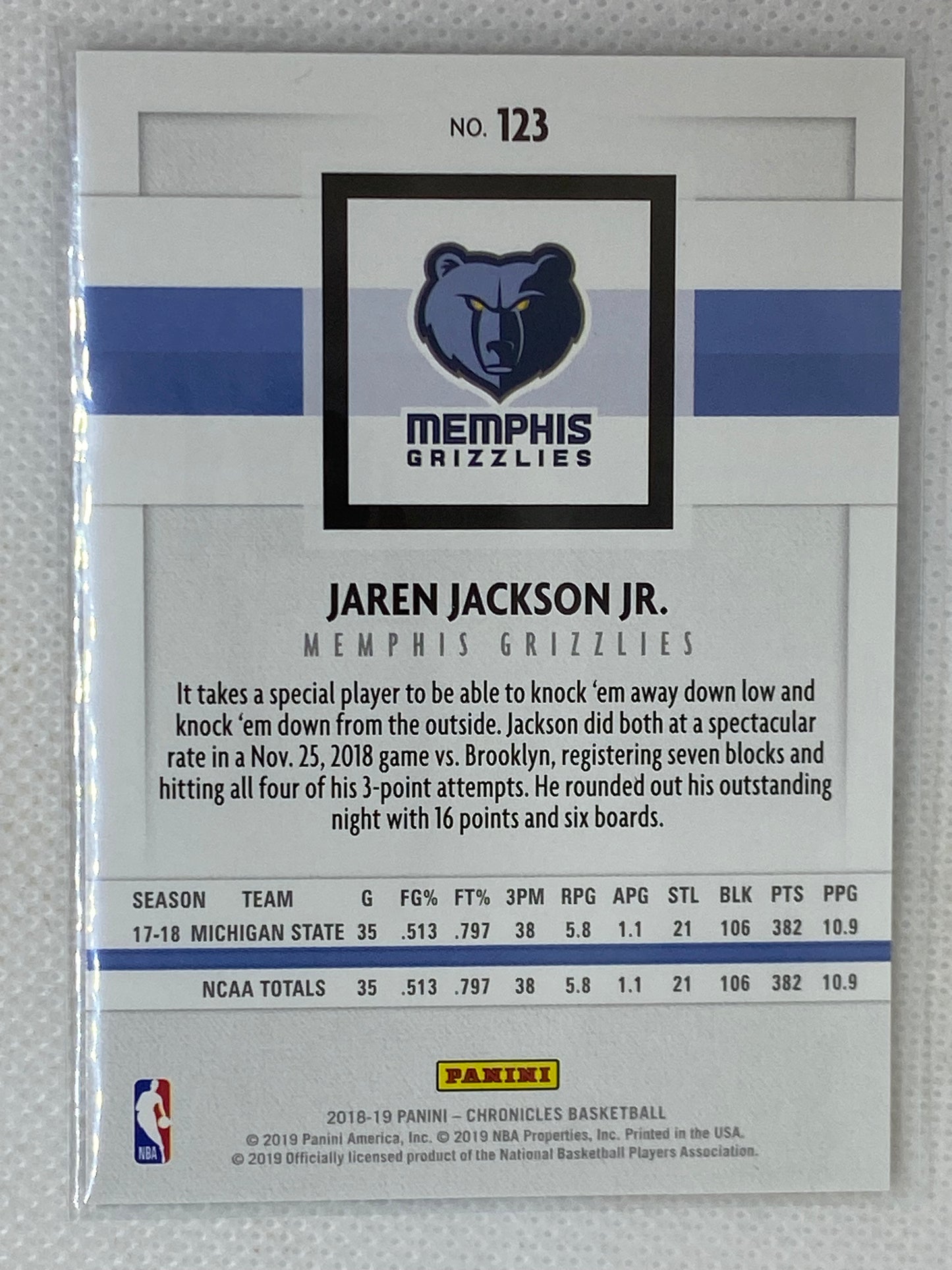 2018-19 Panini Chronicles Jaren Jackson Jr. Rookie RC #123 Memphis Grizzlies