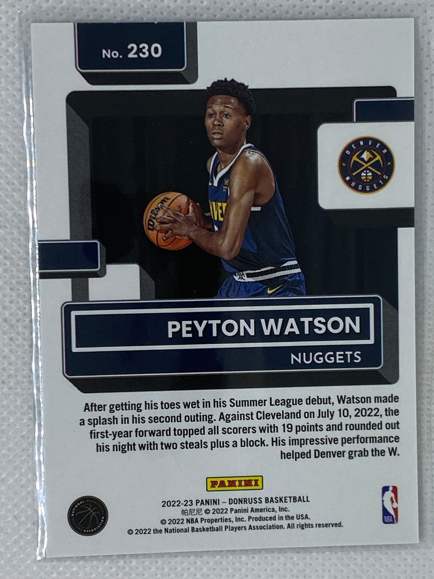 2022-23 Panini Donruss Holo Green Laser #230 Peyton Watson Rookie Denver Nuggets