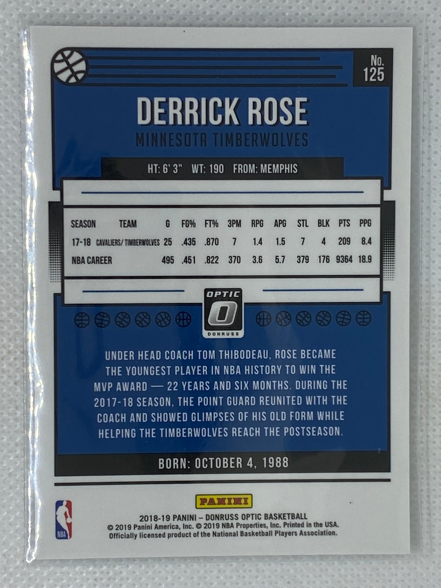 2018-19 Donruss Optic Base #125 Derrick Rose - Minnesota Timberwolves