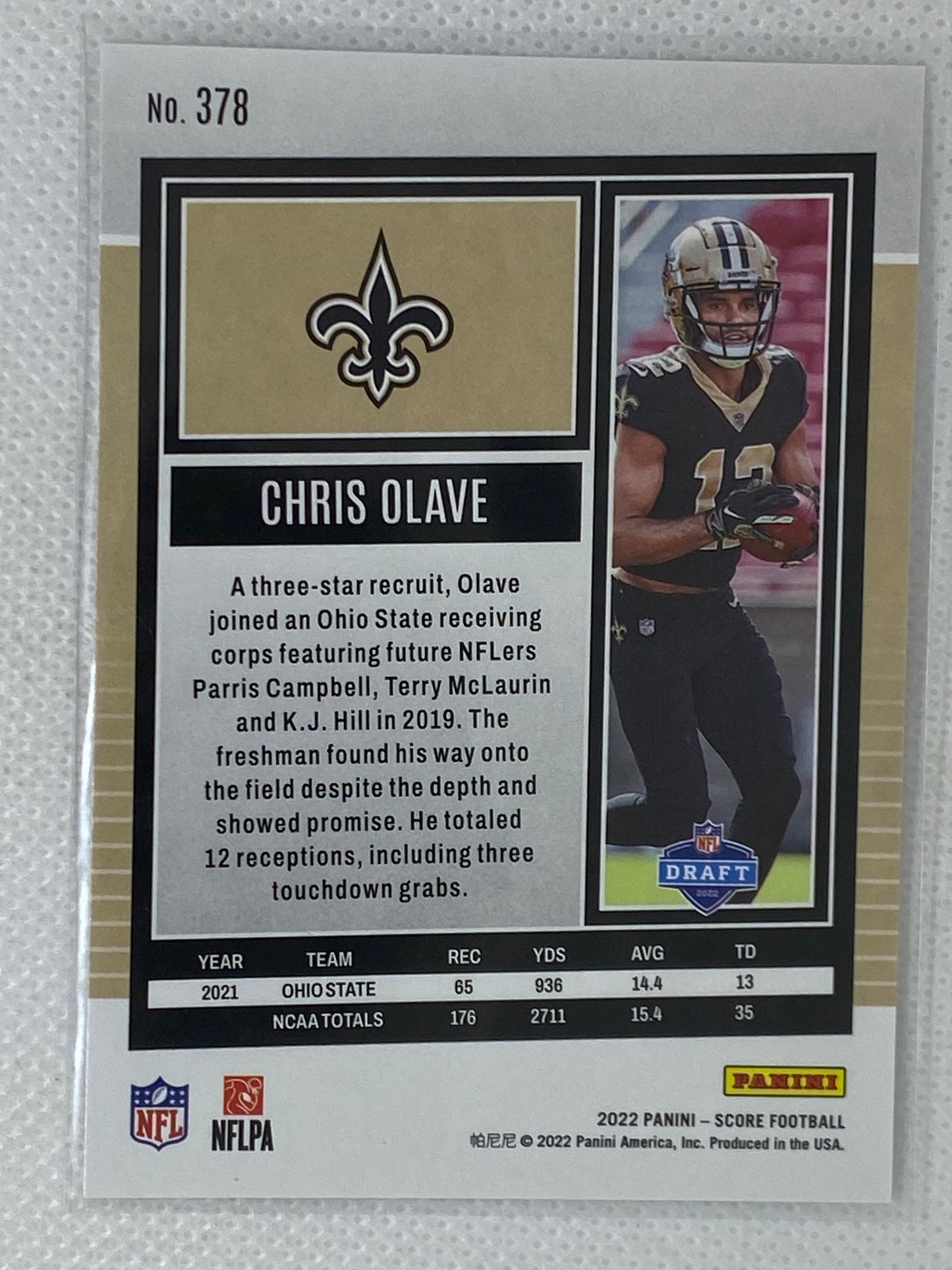 2022 Score Chris Olave RC #378 New Orleans Saints Rookie