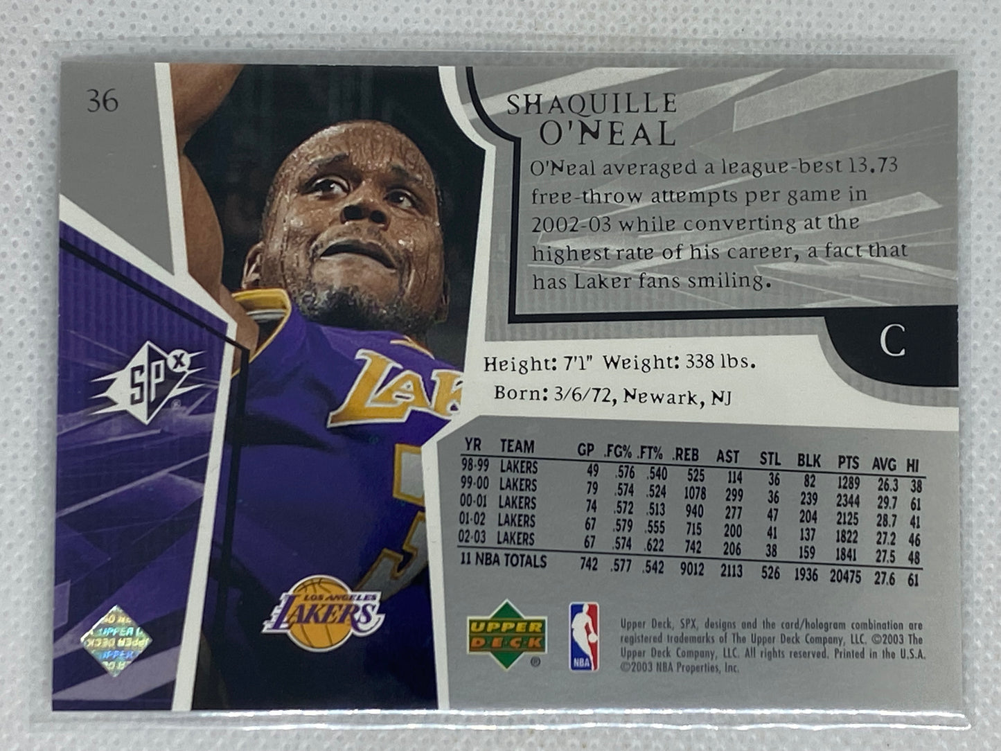 2003 Upper Deck SPX Basketball Shaquille O'Neal Los Angeles Lakers #36