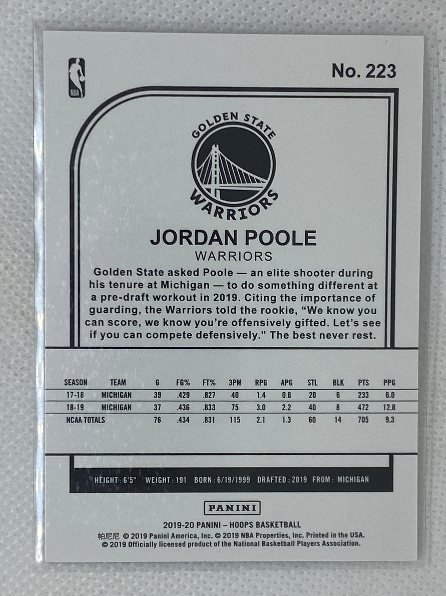 2019-20 Panini NBA Hoops Jordan Poole #223 RC Rookie Golden State Warriors