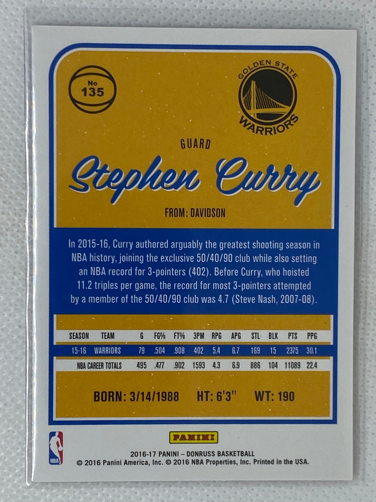 2016-17 Panini Donruss #135 Stephen Curry Golden State Warriors