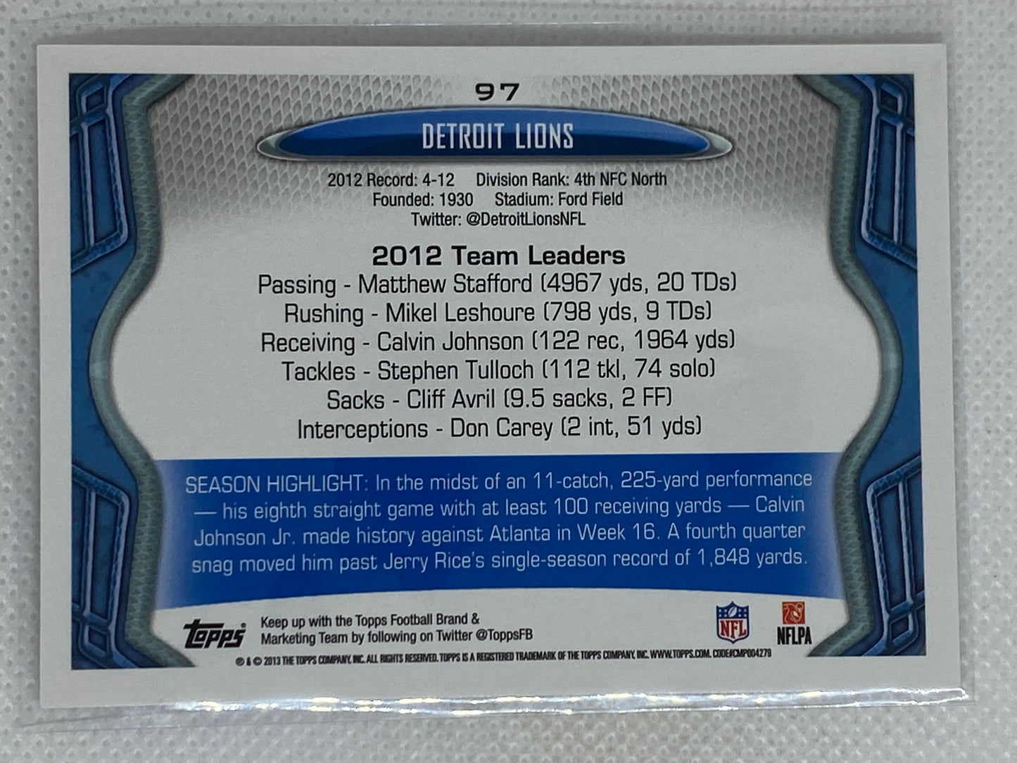 2013 Topps #97 Detroit Lions Leaders Matthew Stafford Calvin Johnson