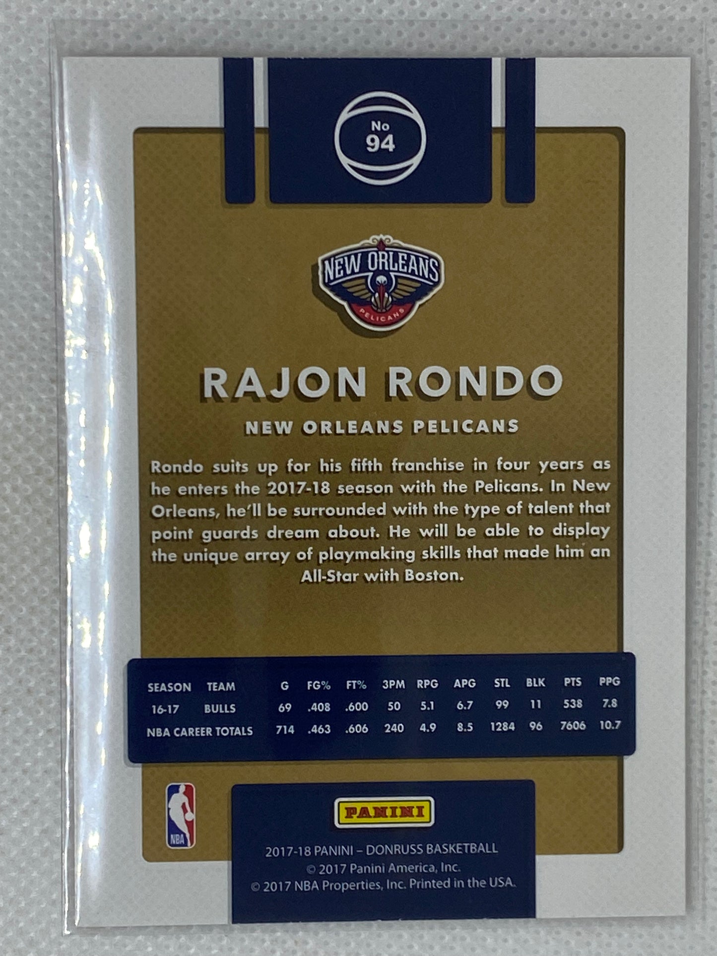 2017-18 Donruss Base #94 Rajon Rondo New Orleans Pelicans