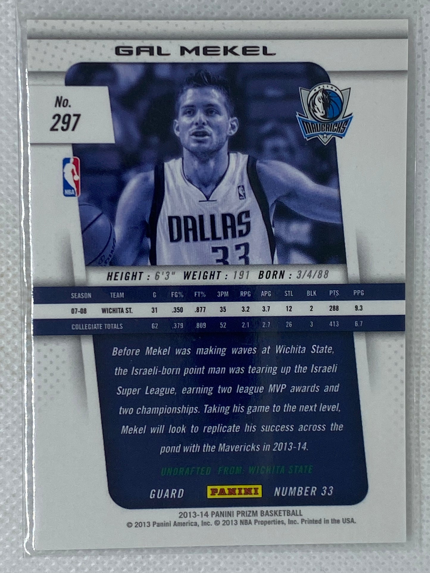 2013-14 Panini Prizm Dallas Mavericks Basketball Card #297 Gal Mekel Rookie