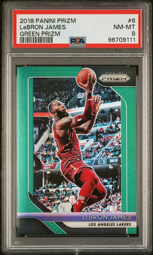 2018-19 Panini Prizm Green Lebron James #6 PSA 8 Los Angeles Lakers