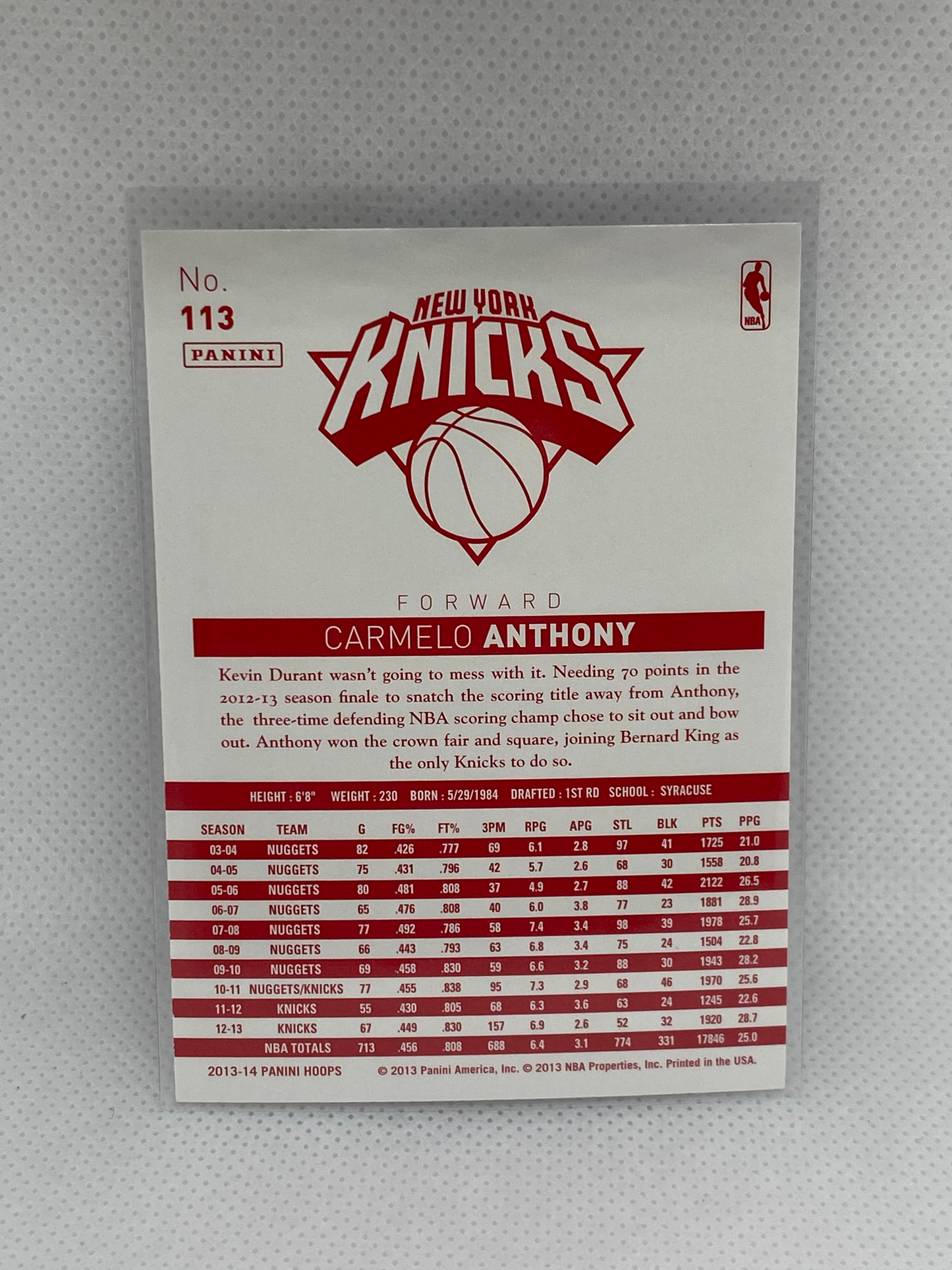 2013-14 Carmelo Anthony Hoops Red Backs New York Knicks Basketball Card #113