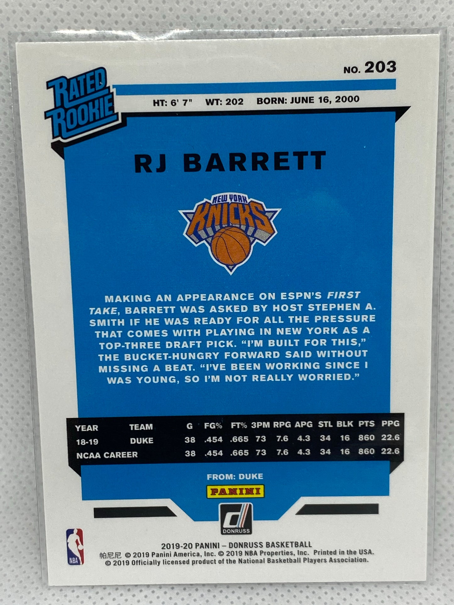 2019-20 Donruss RJ Barrett Rated Rookie #203 New York Knicks