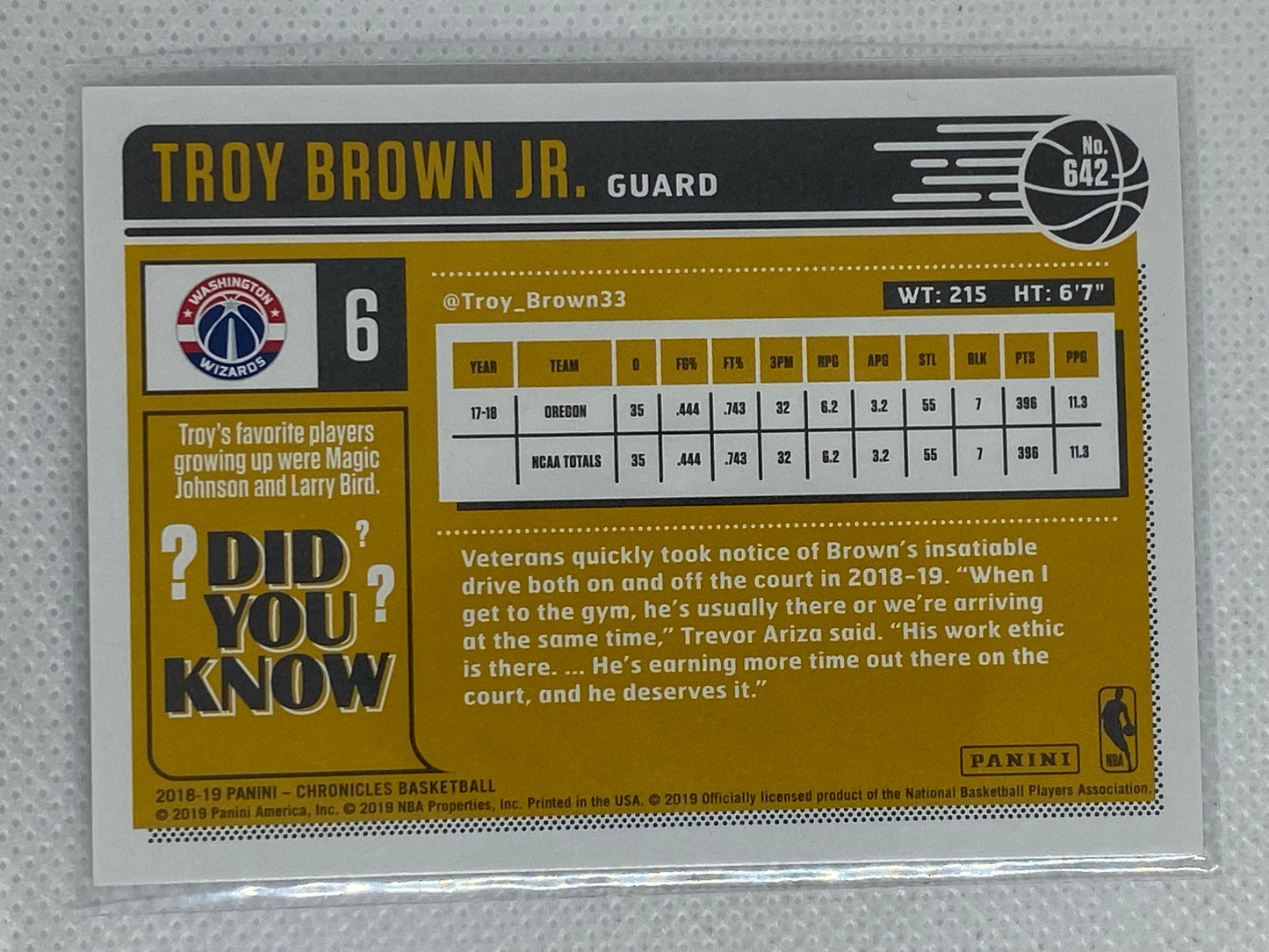 2018-19 Panini Chronicles Classics Troy Brown Jr #642 Rookie RC