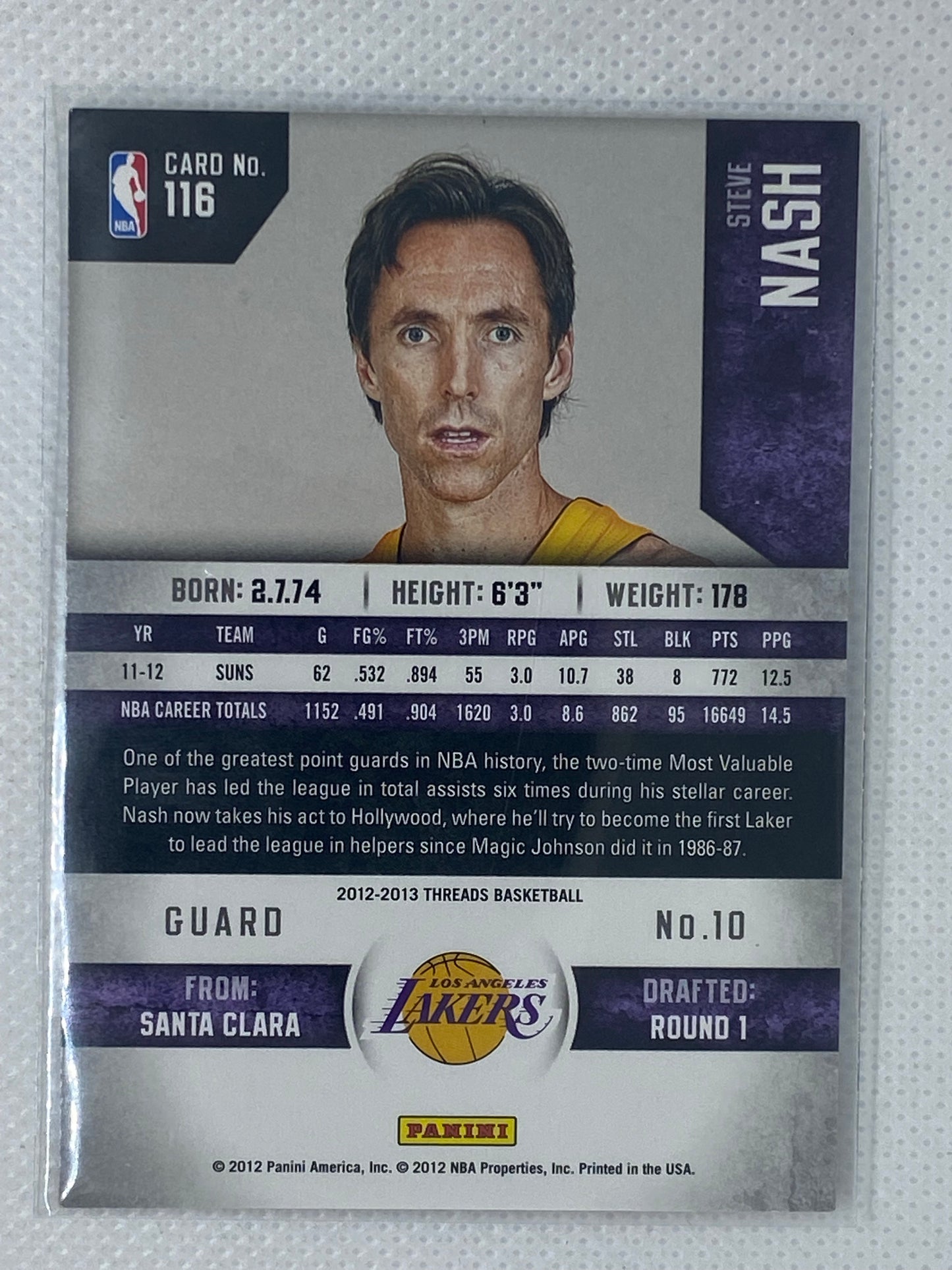 2012-13 Threads Steve Nash NBA Base Card Lakers #116