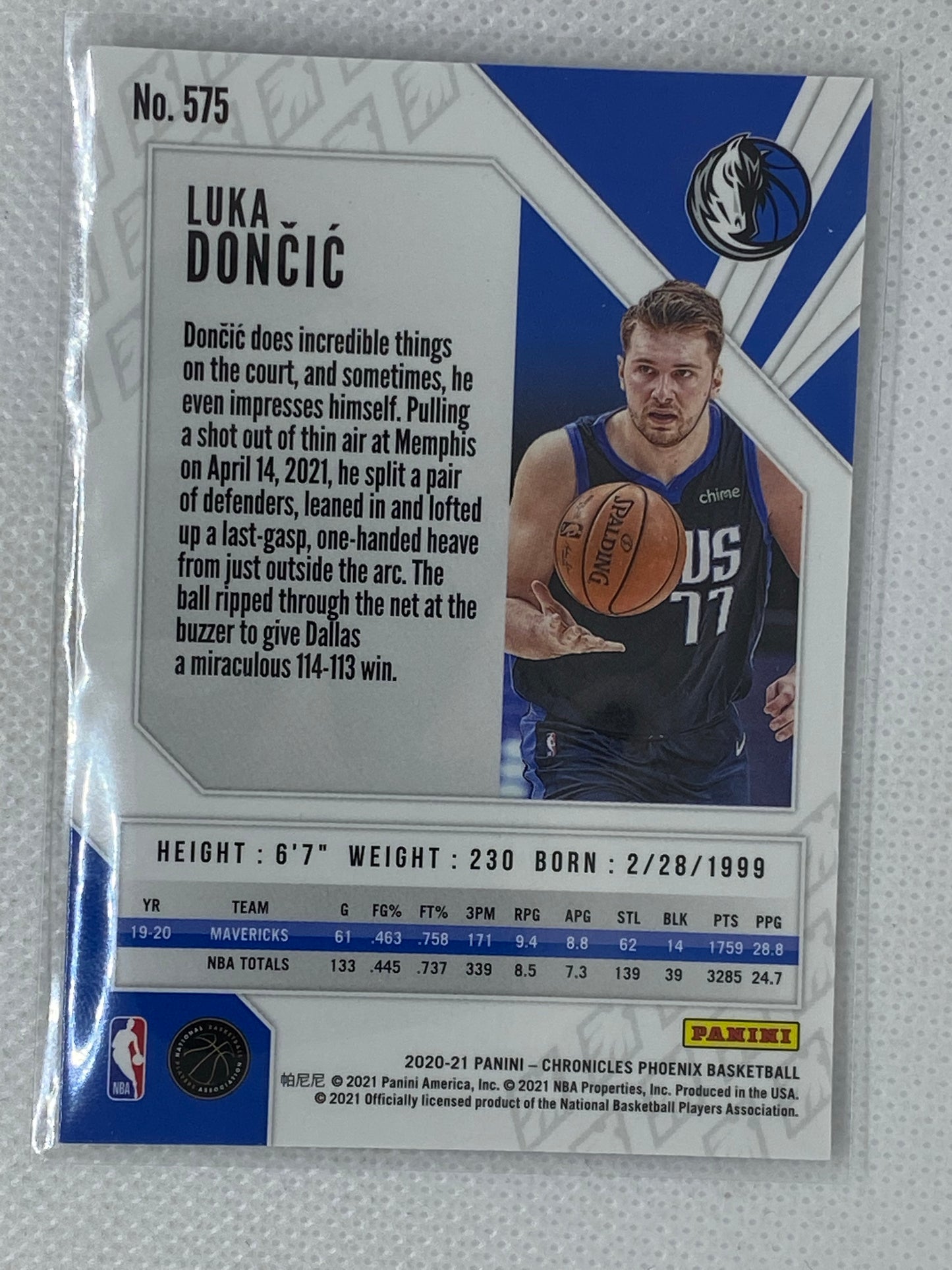 2020-21 Panini Chronicles Phoenix Blue Luka Doncic # 575 SSP