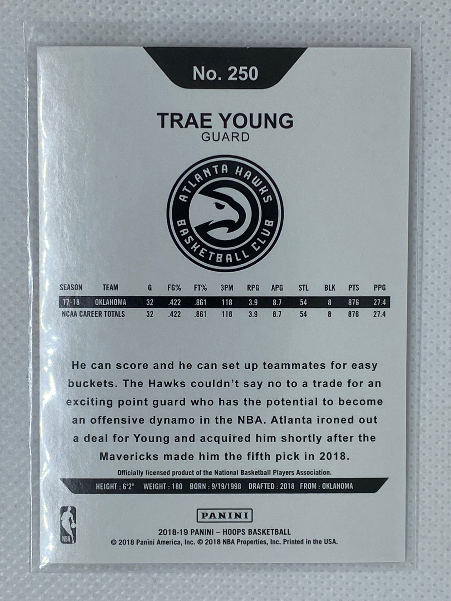 2018-19 Panini NBA Hoops Winter #250 Trae Young Rookie Card Atlanta Hawks RC