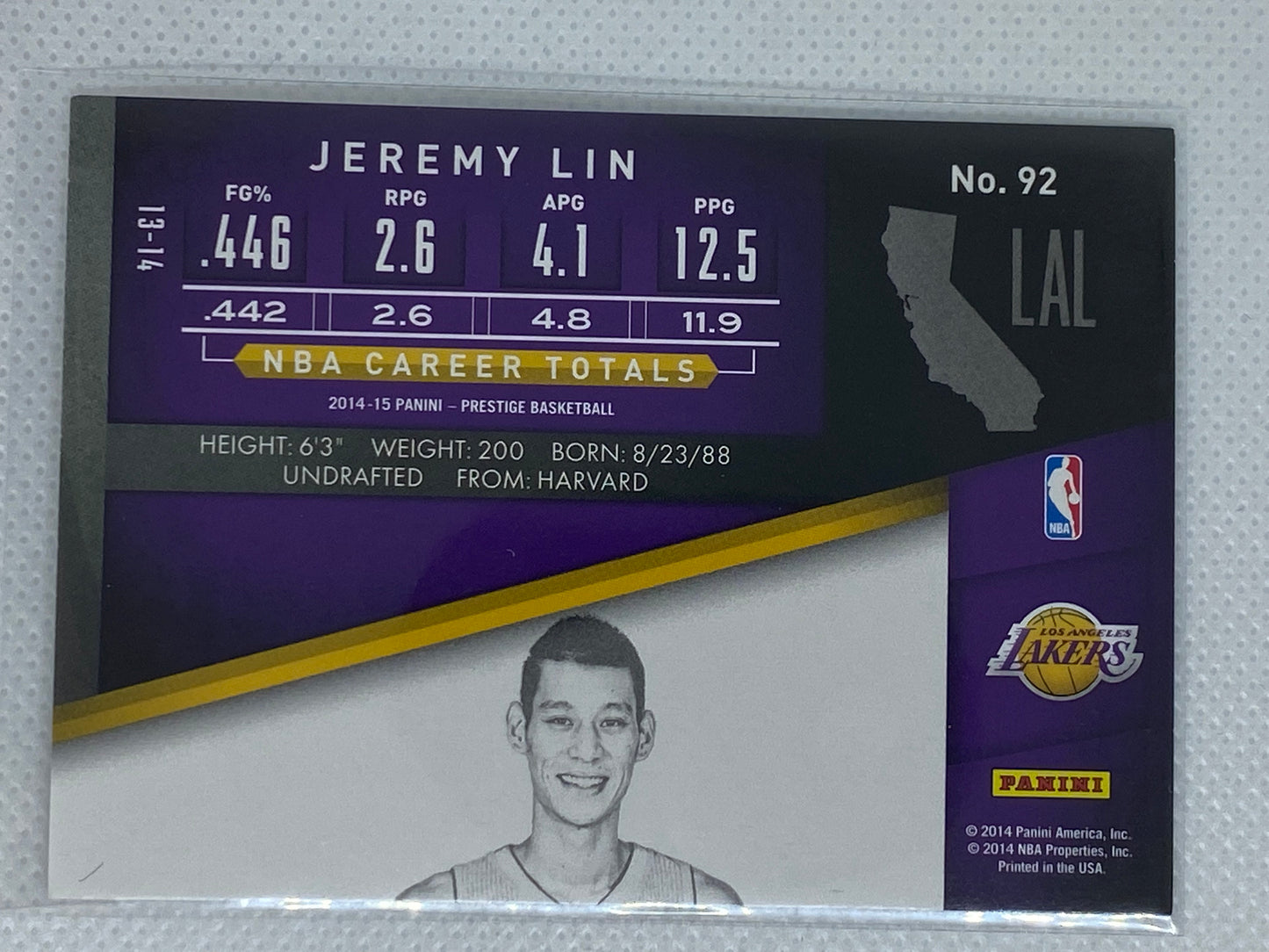 2014-15 Panini Prestige Basketball Card #92 Jeremy Lin (Los Angeles Lakers)