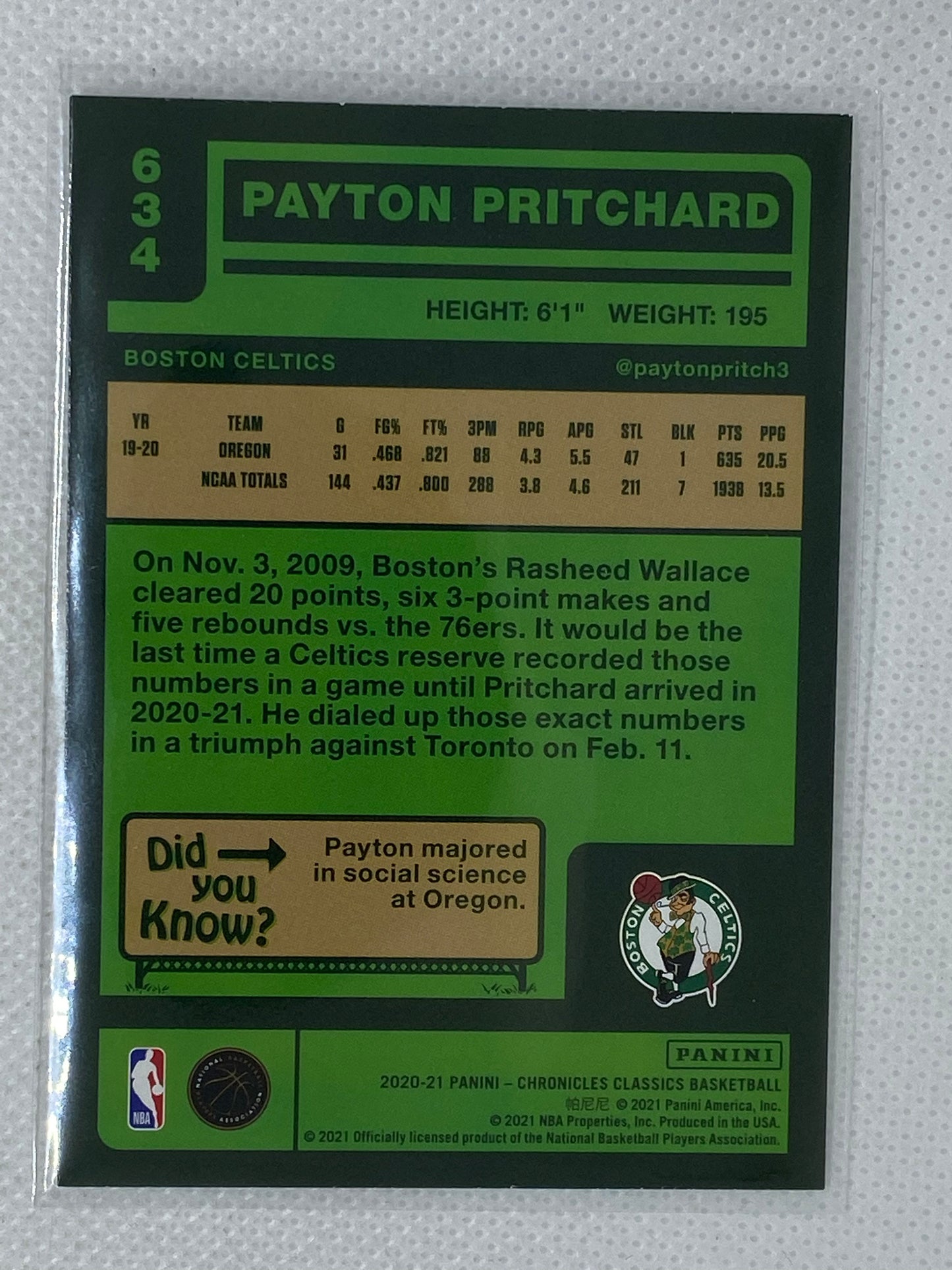 2020-21 Chronicles Basketball Payton Pritchard Classics #634 Rookie RC Celtics