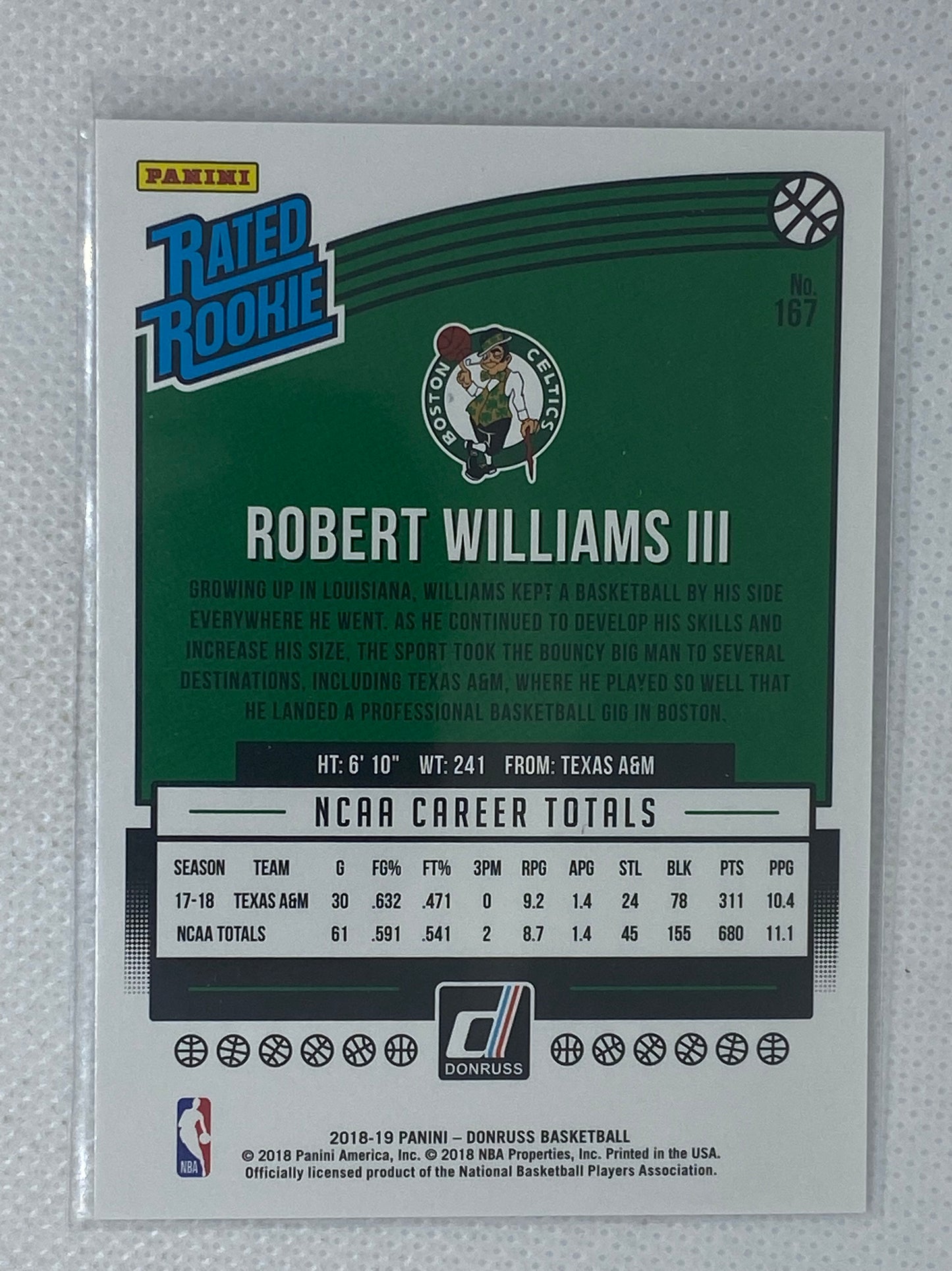 2018-19 Donruss Rated Rookie Card Robert Williams III #167 Boston Celtics RC