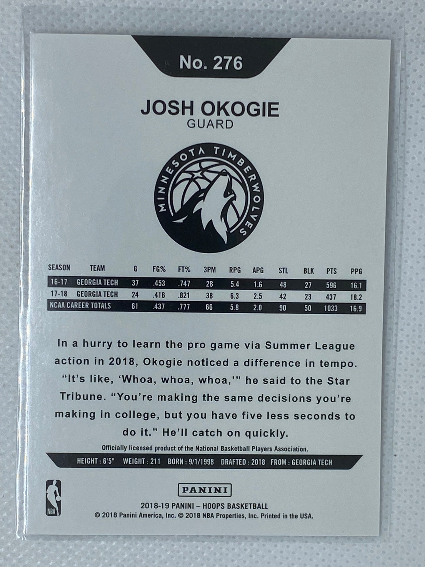 2018-19 Panini Hoops Winter #276 Josh Okogie RC - Minnesota Timberwolves