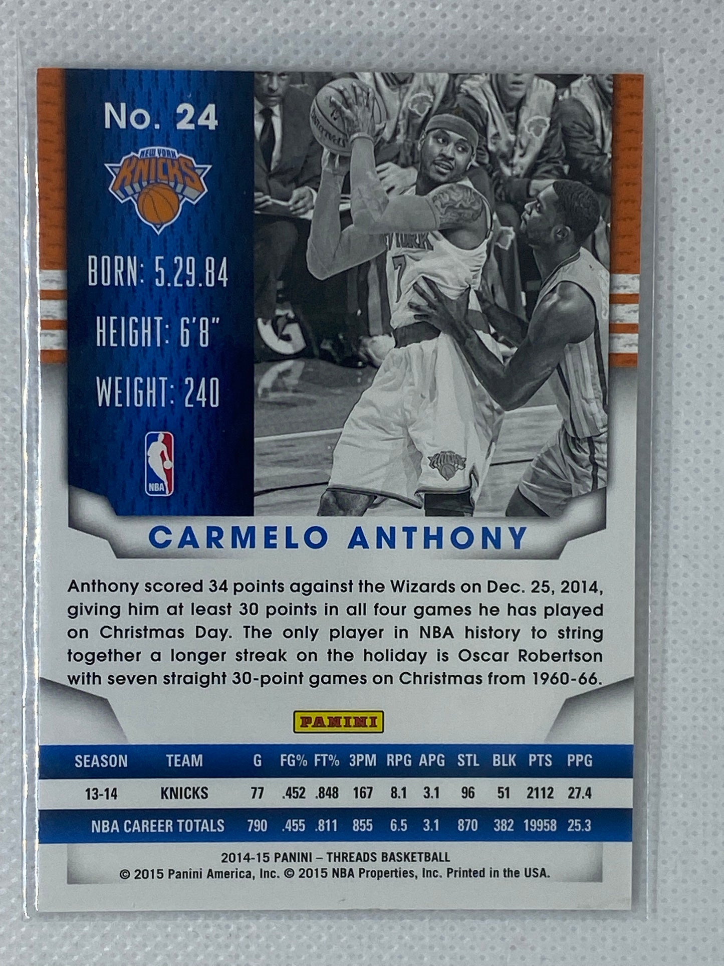 2014-15 Panini Threads Basketball Base Card Carmelo Anthony #24 New York Knicks