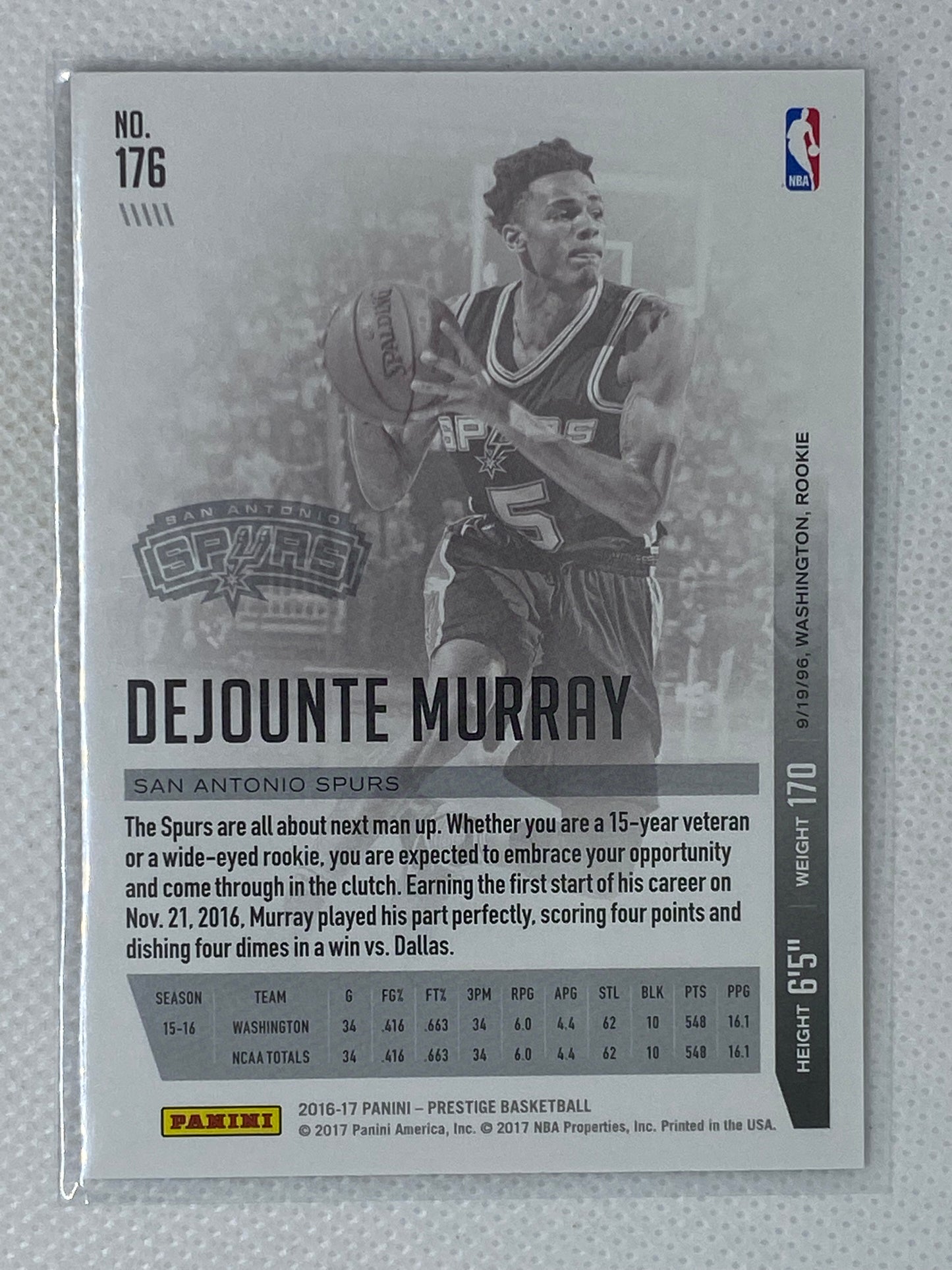 2016-17 Panini Prestige Dejounte Murray Rookie RC #176 Spurs