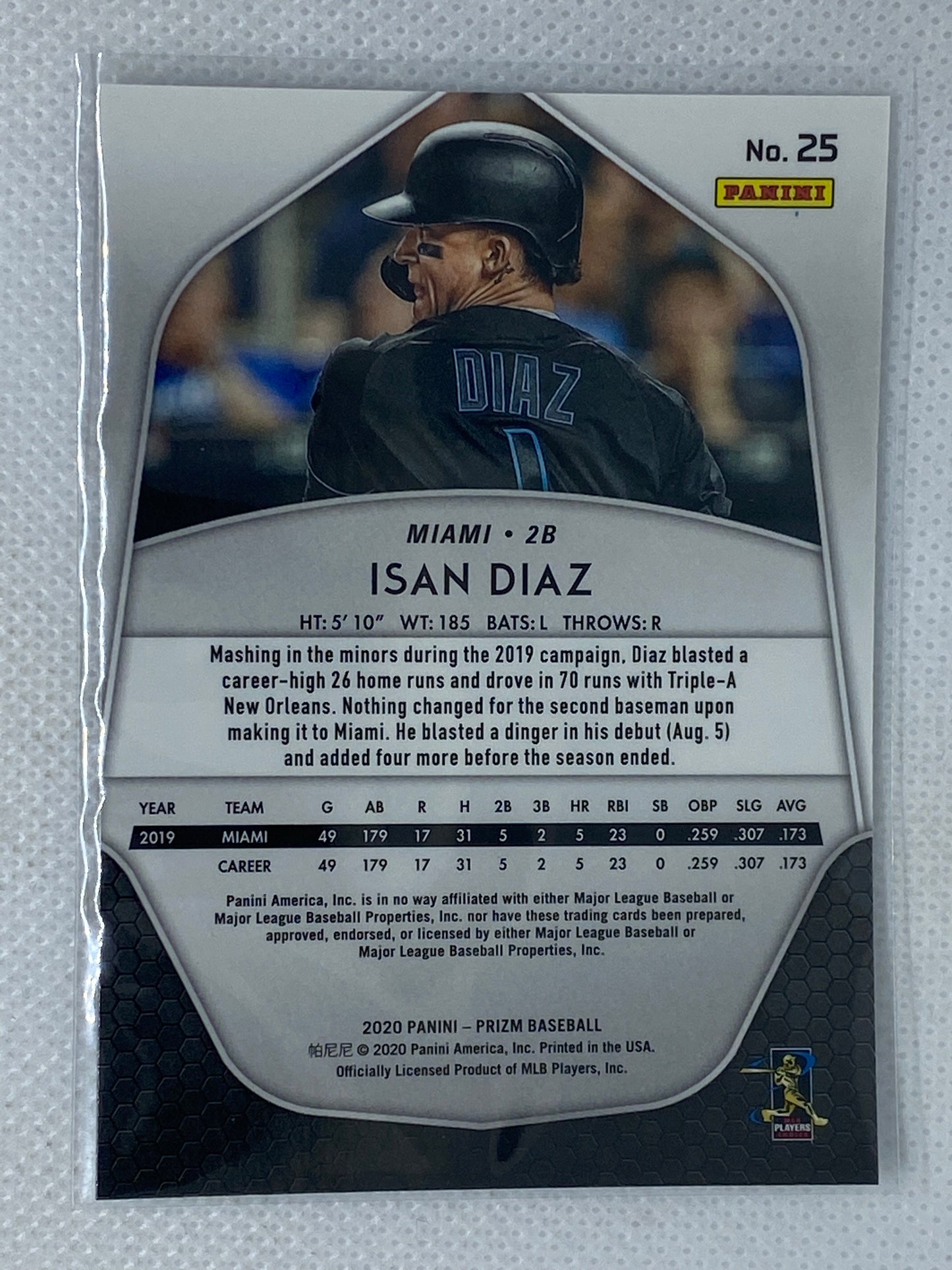 2020 Isan Diaz RC Panini Prizm Base Card #25 Miami Marlins Rookie Card