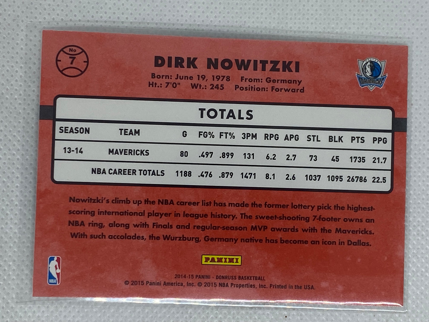 2014-15 Panini Donruss Base #7 Dirk Nowitzki Dallas Mavericks