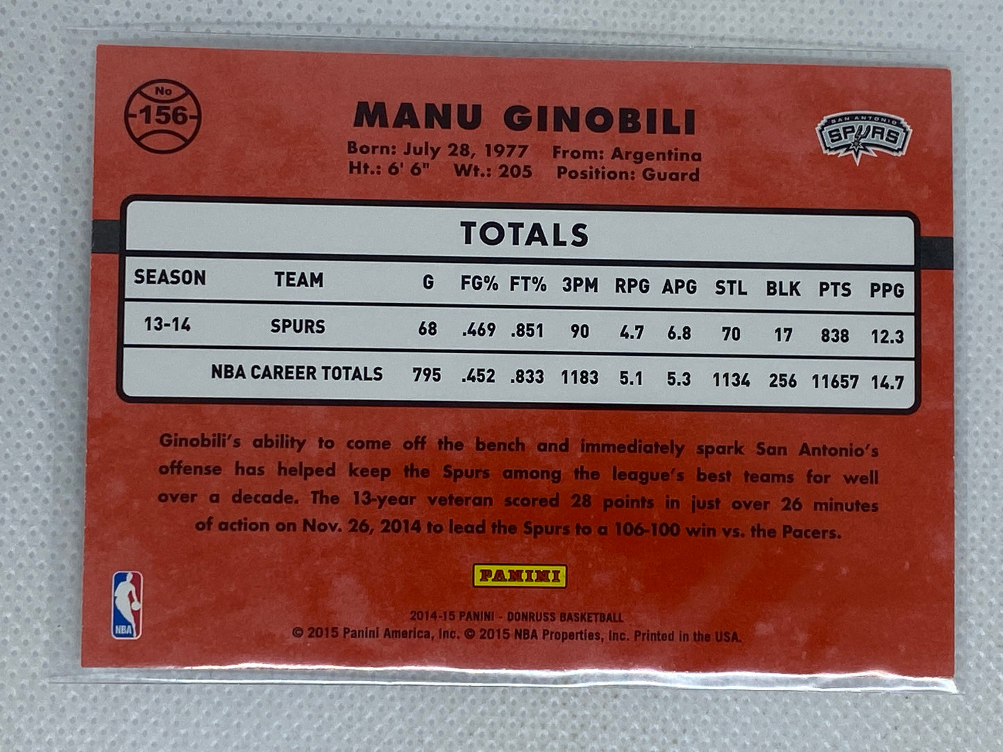 2014-15 Panini Donruss Manu Ginobili San Antonio Spurs #156