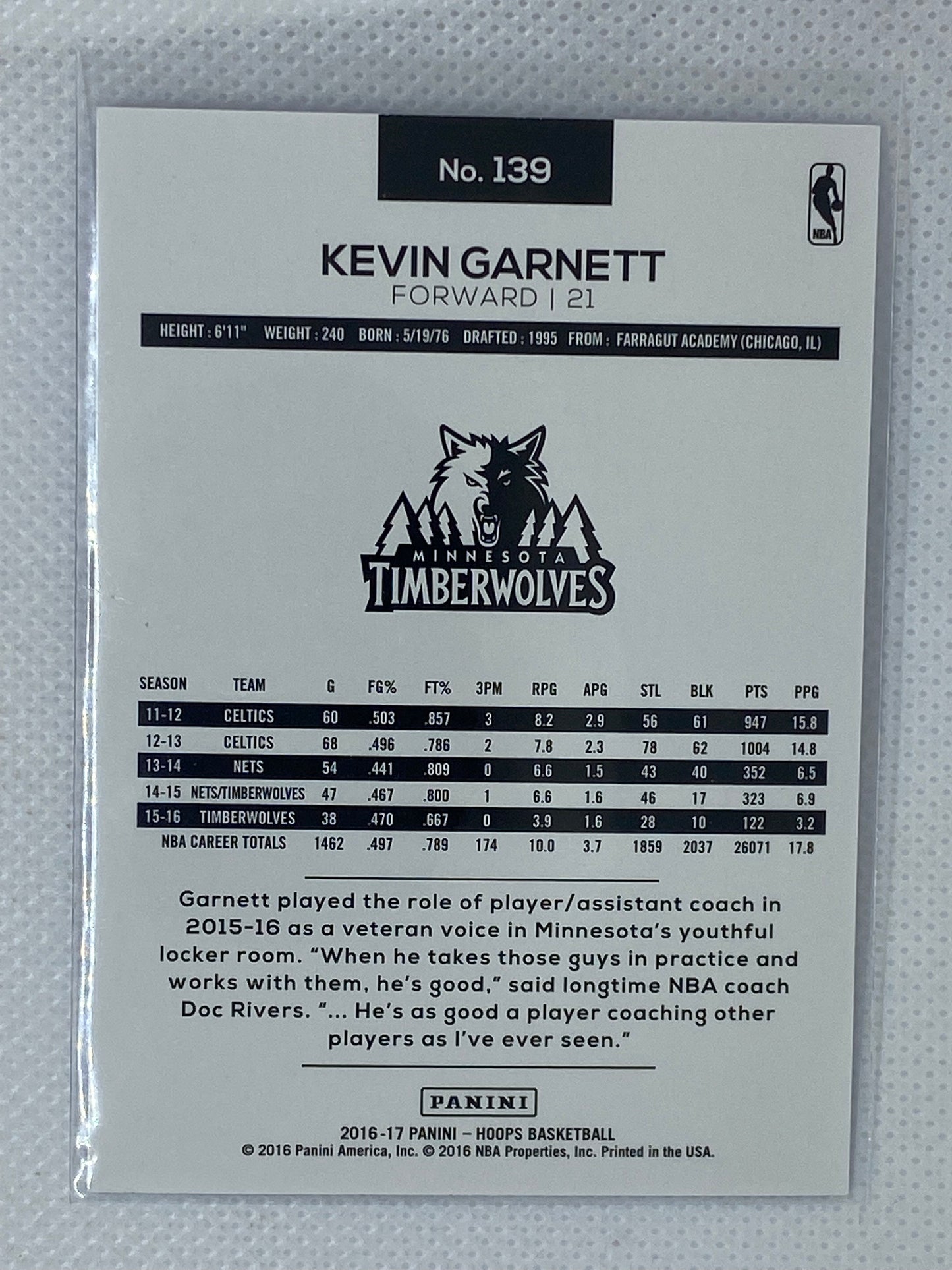 2016-17 Panini Hoops Blue #139 Kevin Garnett SSP