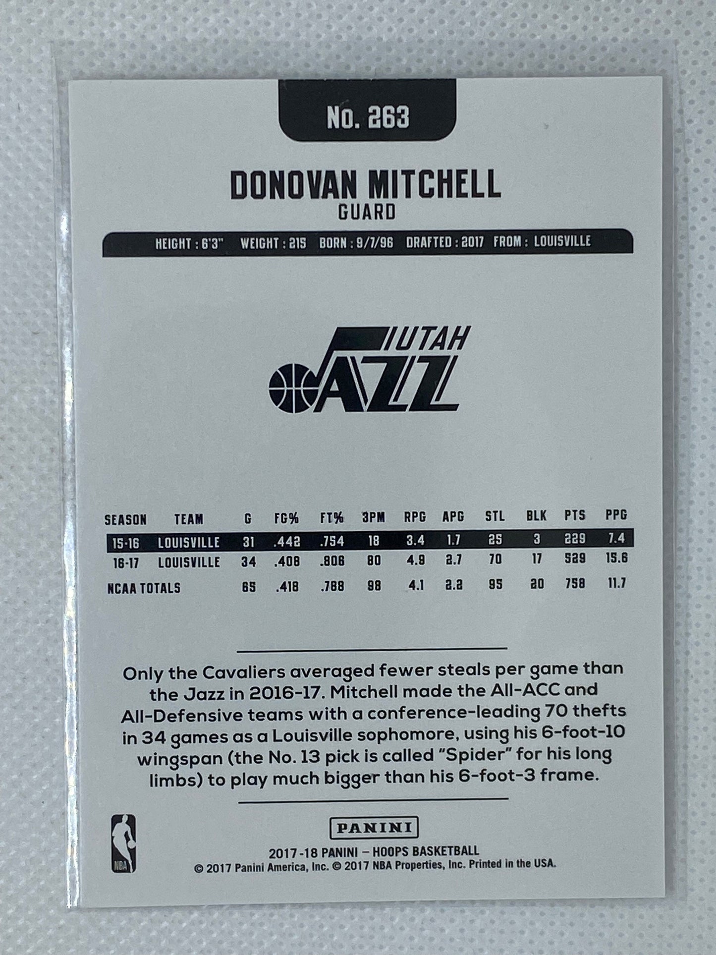 2017-18 Panini NBA Hoops Donovan Mitchell #263 RC Rookie Utah Jazz