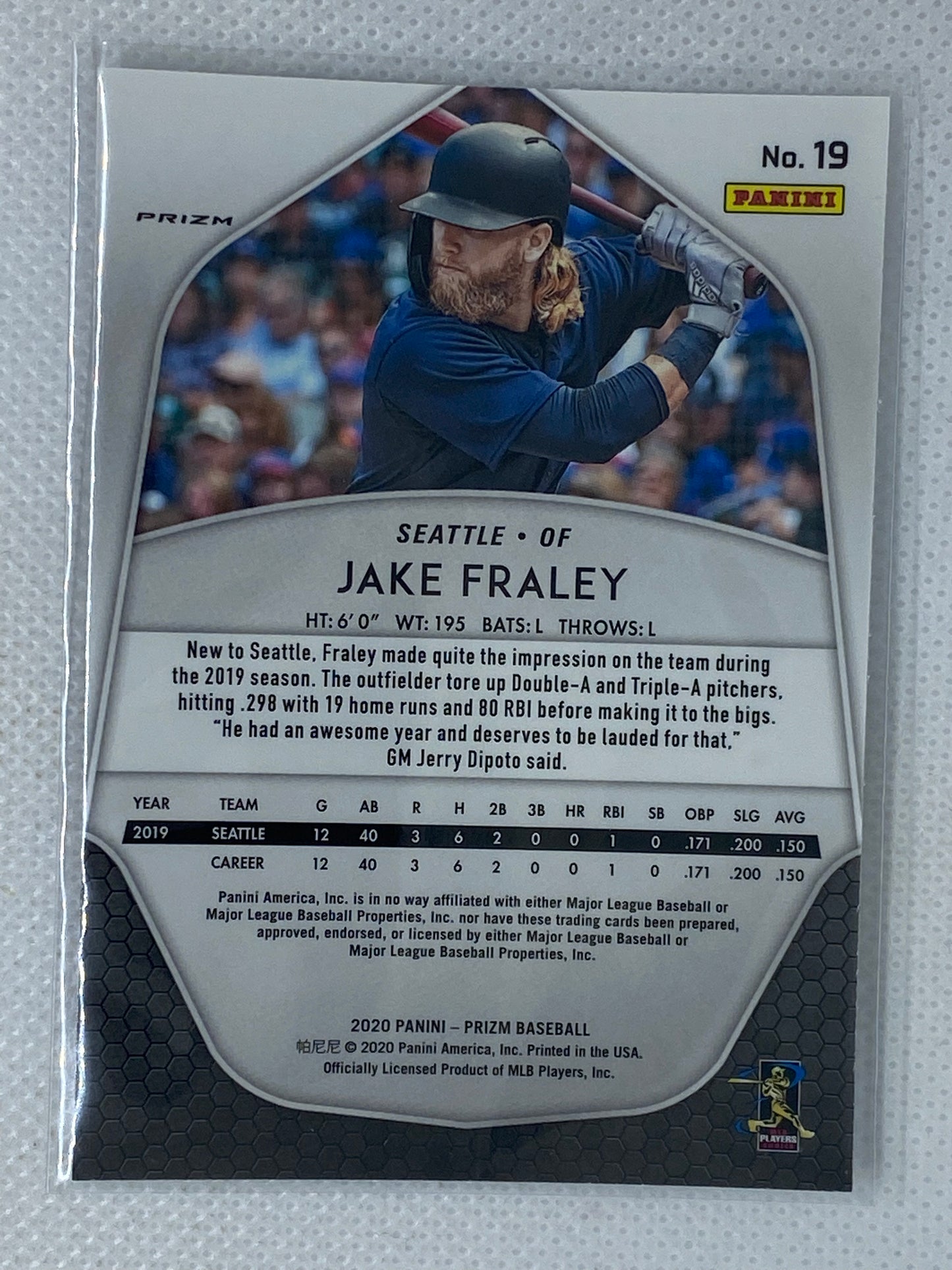 2020 Jake Fraley White Wave RC Prizm Holo #19 Seattle Mariners Rookie Card