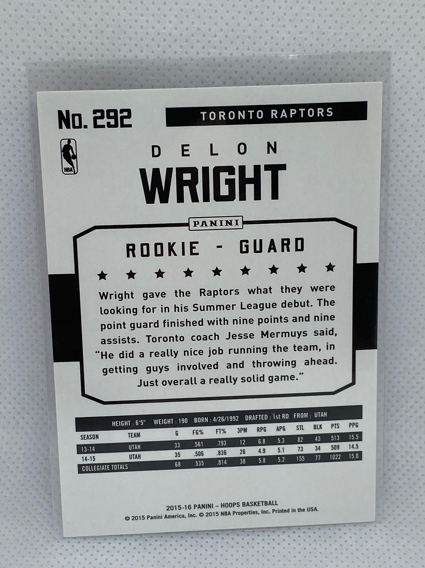 2015-16 NBA Hoops Basketball #292 Delon Wright RC Toronto Raptors