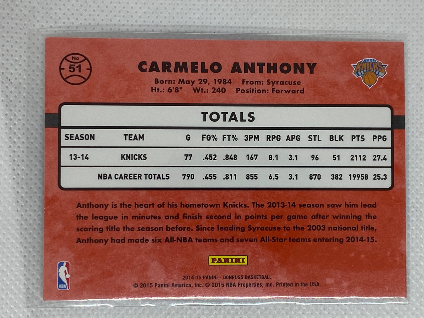 2014-15 Panini Donruss Base #51 Carmelo Anthony New York Knicks