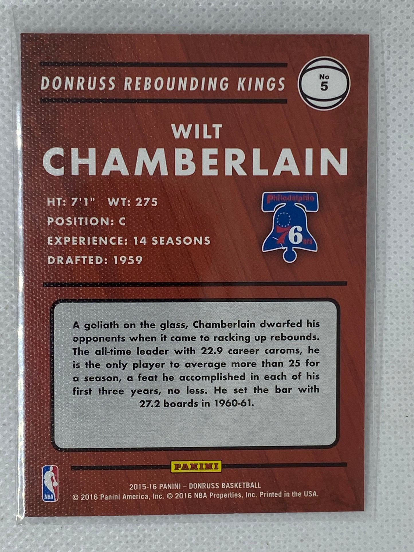 2015-16 Panini Donruss Rebounding Kings Wilt Chamberlain #5 HOF