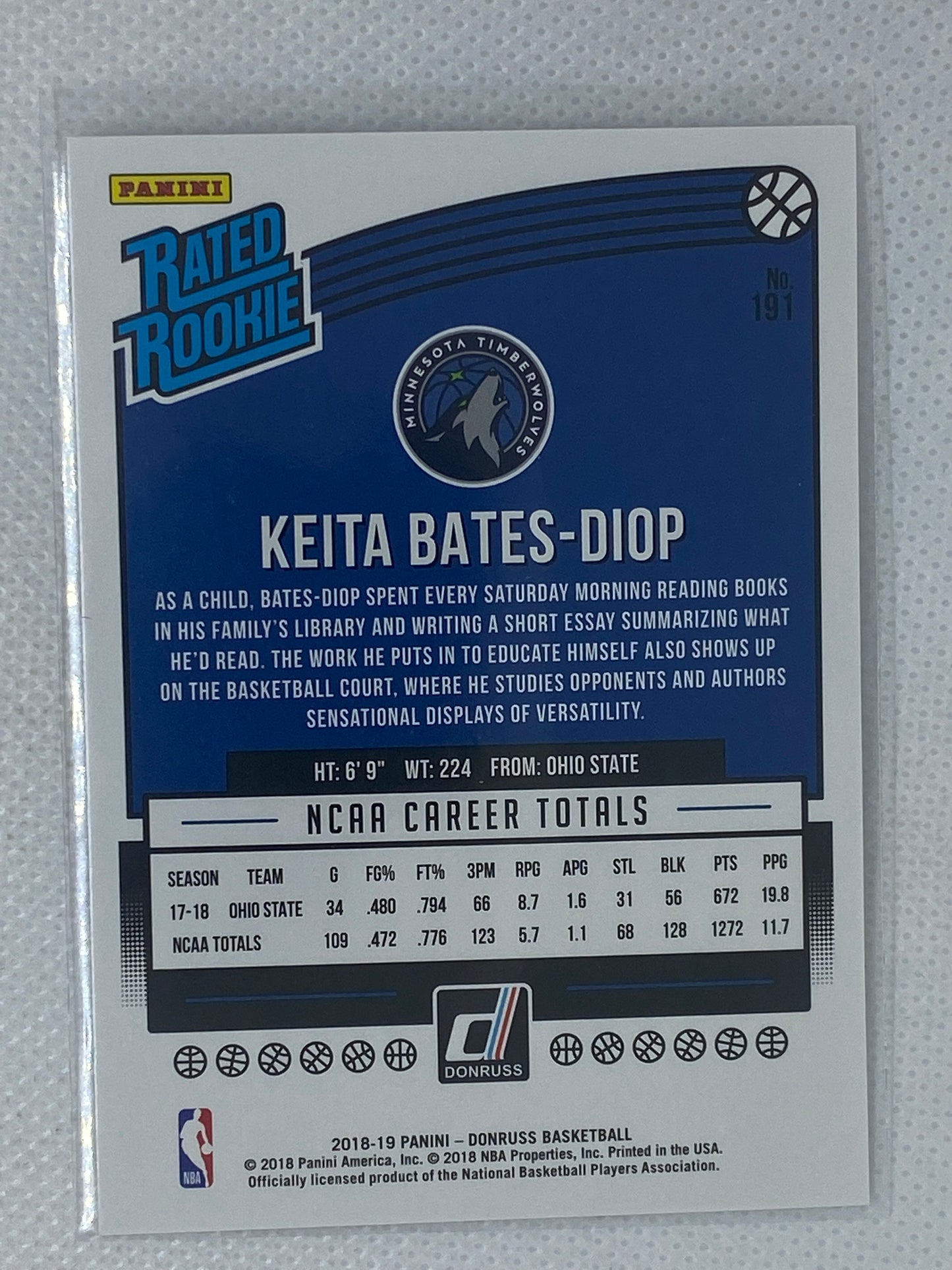 2018-19 Donruss Rated Rookie RC #191 Keita Bates-Diop Timberwolves