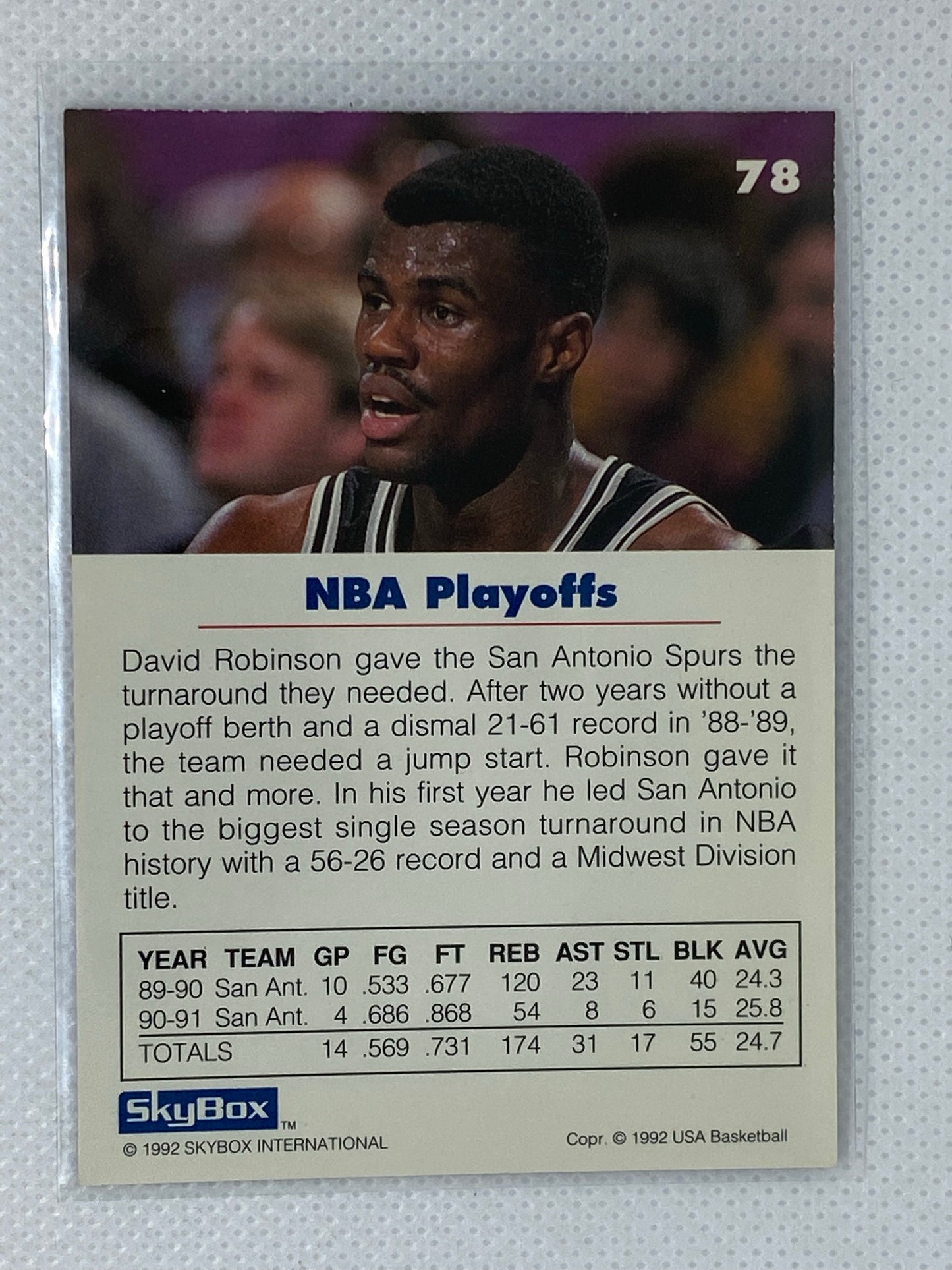 1992 SkyBox USA #78 David Robinson NBA Playoffs