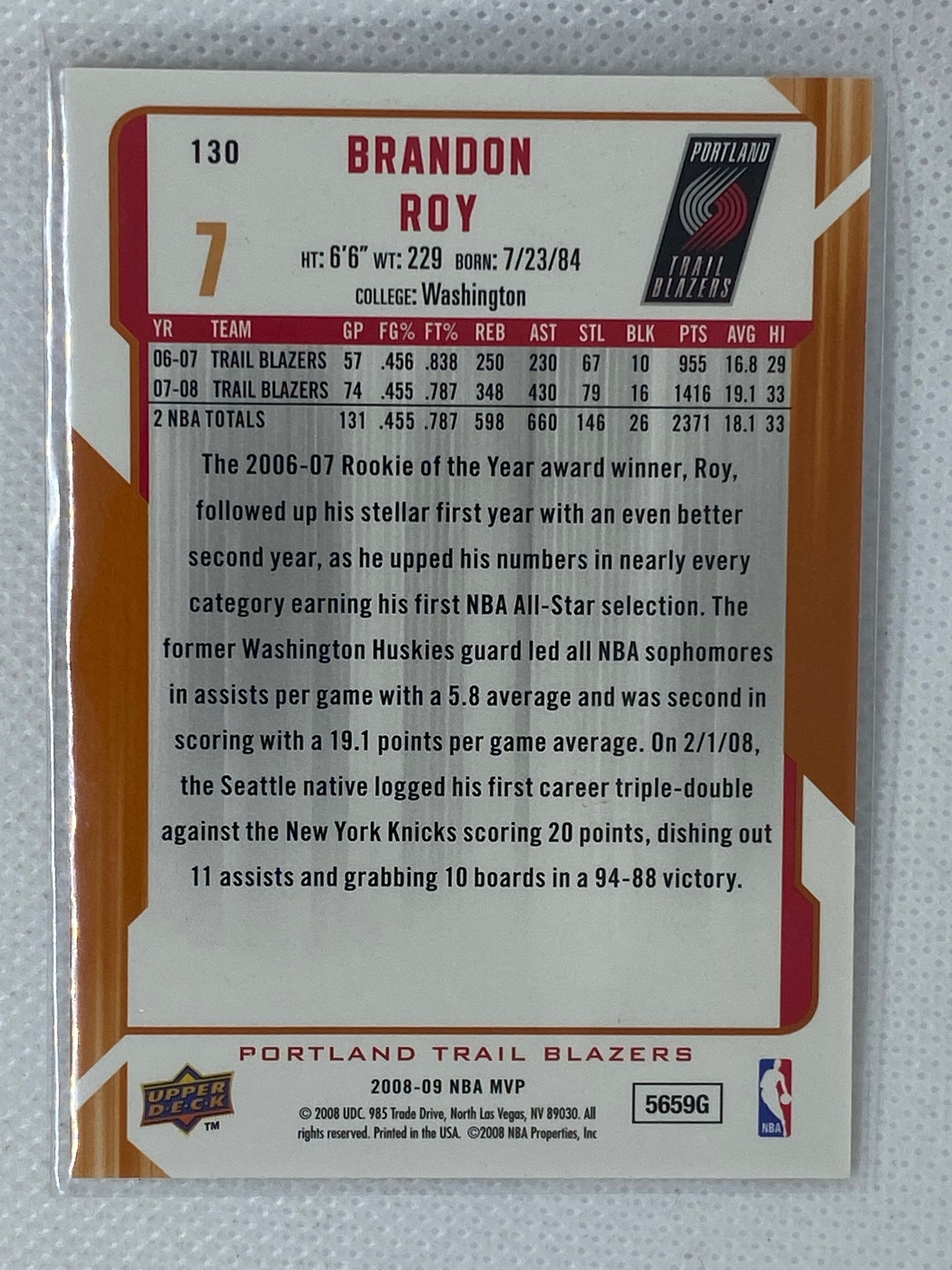 2008-09 Upper Deck MVP Portland Trail Blazers Basketball Card #130 Brandon Roy